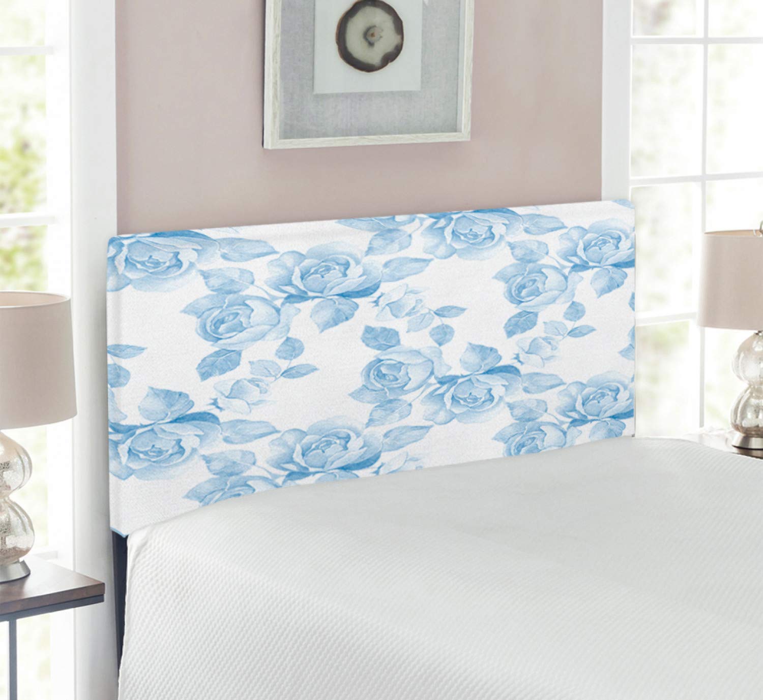 Ambesonne Twin Size Upholstered Metal Headboard - Soft Blue White Faded Floral Design with Memory Foam | Decorative Rose Branch Pastel Spring Bed Headboard | Perfect for Bedroom Decor, Guest Room & Master Bedroom Makeover