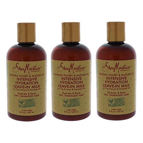 Shea Moisture Manuka Honey & Mafura Oil Leave-In Conditioner - Intensive Hydration Hair Milk for Dry, Damaged Hair - 8 oz Cream (Pack of 3) - Perfect for Daily Hair Care & Post-Wash Nourishment