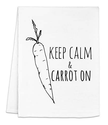 Moonlight Makers Keep Calm and Carrot On Flour Sack Kitchen Towel - Funny Farmhouse Dish Towel, Sweet Housewarming Gift, Perfect for Farmhouse Kitchen Décor, Baking, and Hostess Gifts (White)