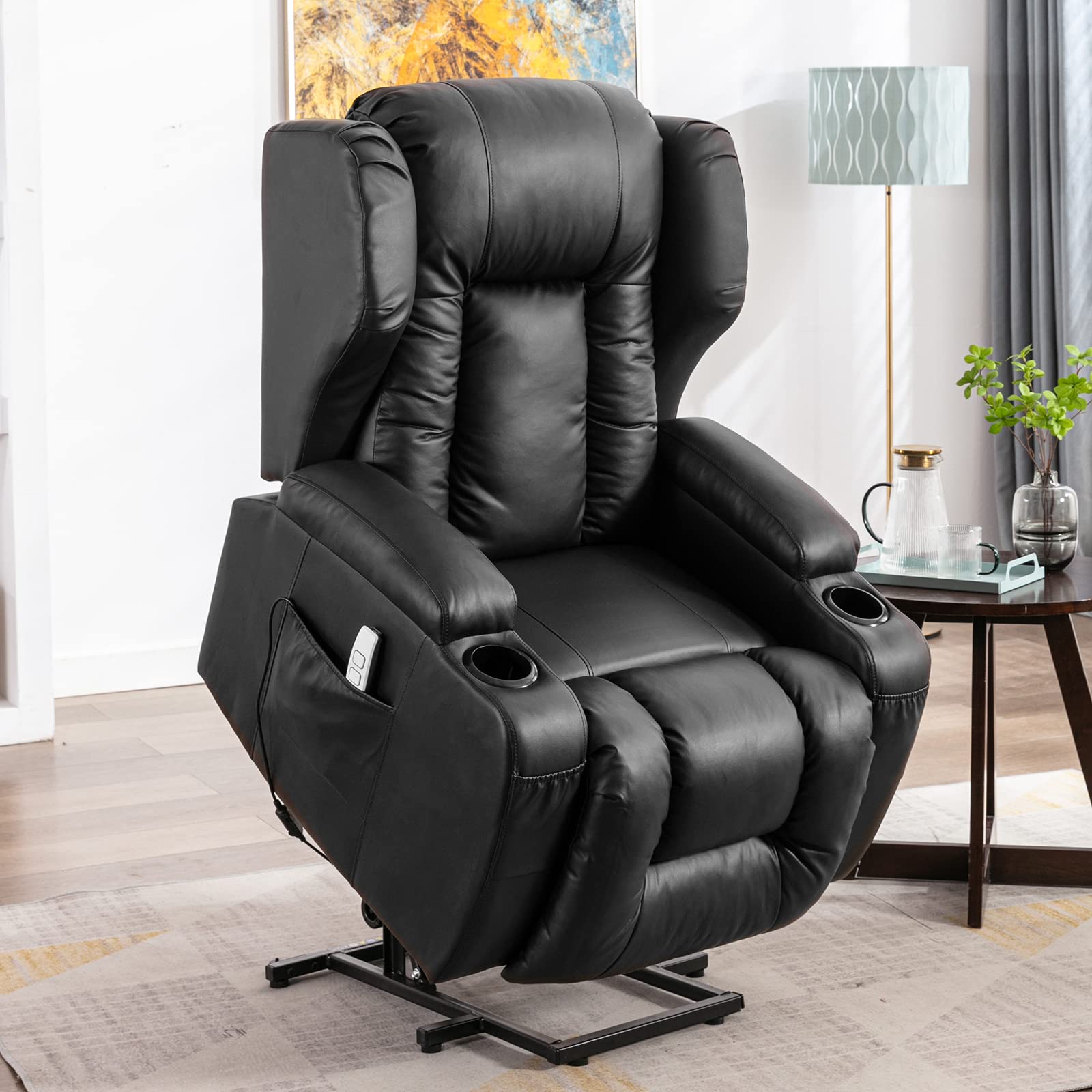 IPKIG Power Lift Recliner Chair with Massage & Heating - Electric PU Leather Recliner for Elderly & Seniors - USB Ports, Remote Control, 3-Position Adjustable, Side Pockets - Perfect for Living Room, Home Theater & Mobility Assistance (L-Black)