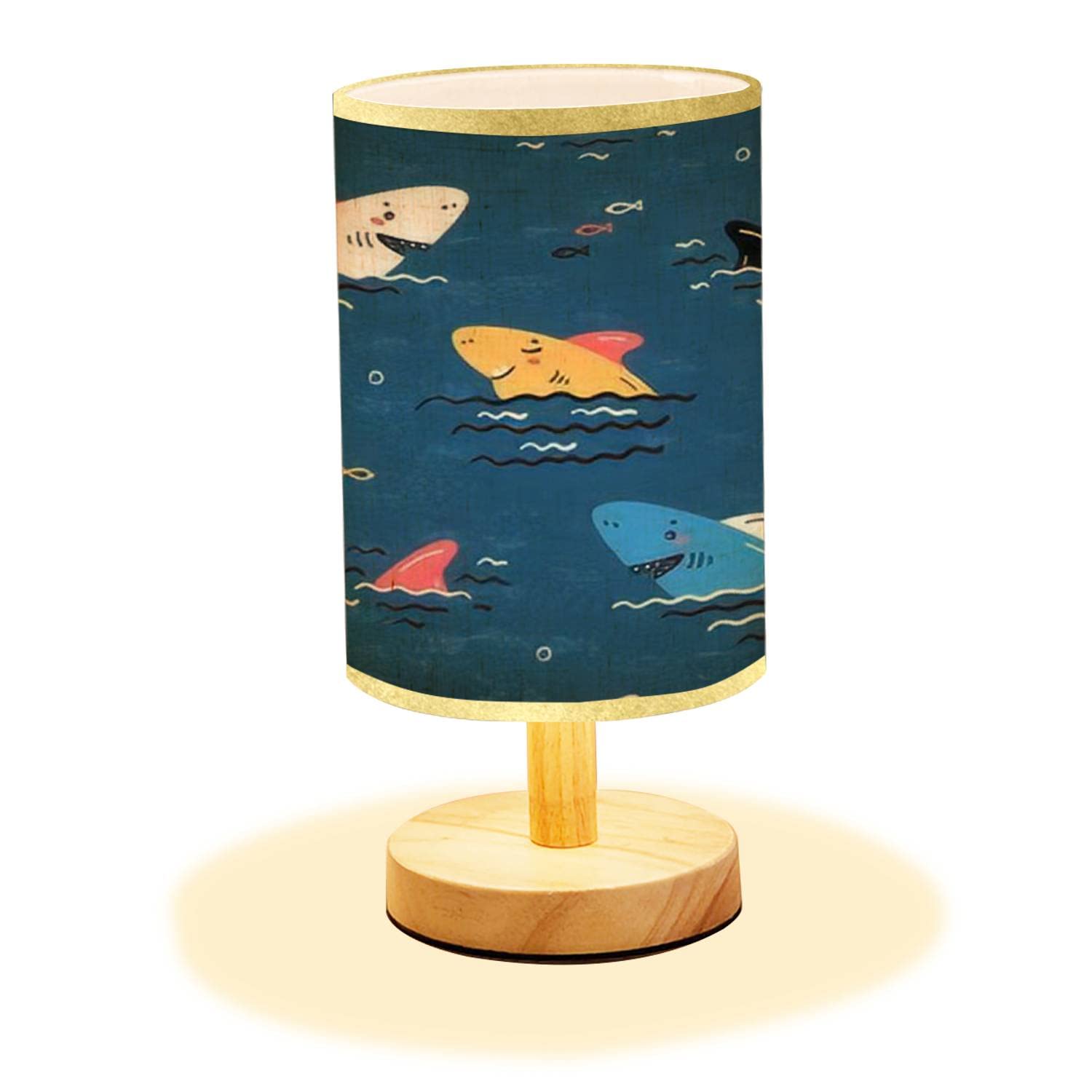Minimalist Wood Nightstand Lamp with Colorful Cartoon Summer Sea Design - Doodle Wood Base & Flaxen Fabric Shade for Kids Bedroom, Living Room | Perfect for Bedside Reading & Cozy Night Light
