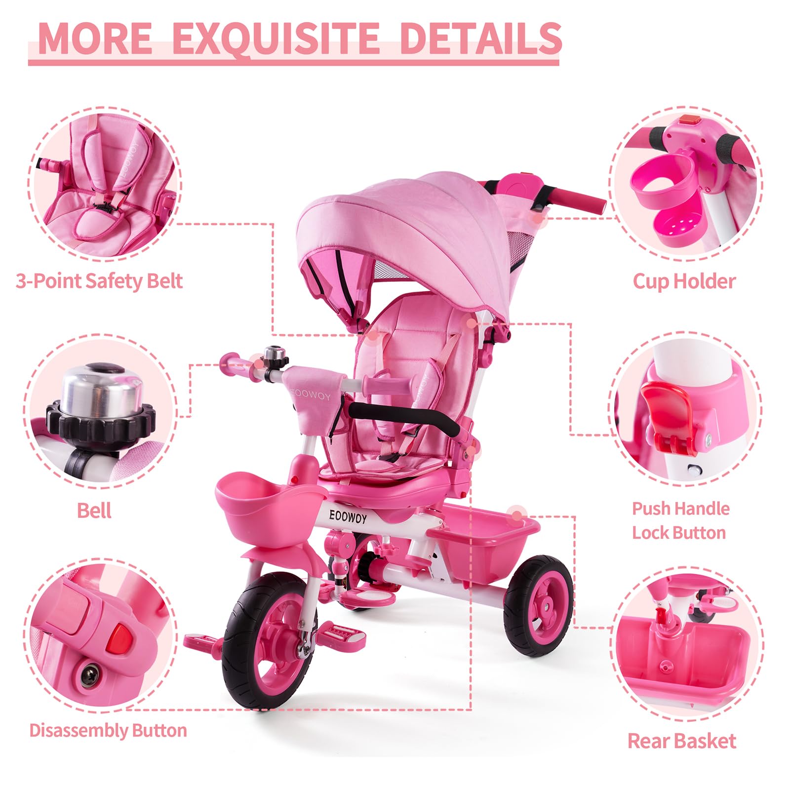 Best 6-in-1 Baby Trike with Adjustable Push Handle & Removable Canopy - Safe Toddler Tricycle for 18 Months to 5 Years (Pink) - Perfect for Outdoor Play, Park Rides & Learning to Pedal