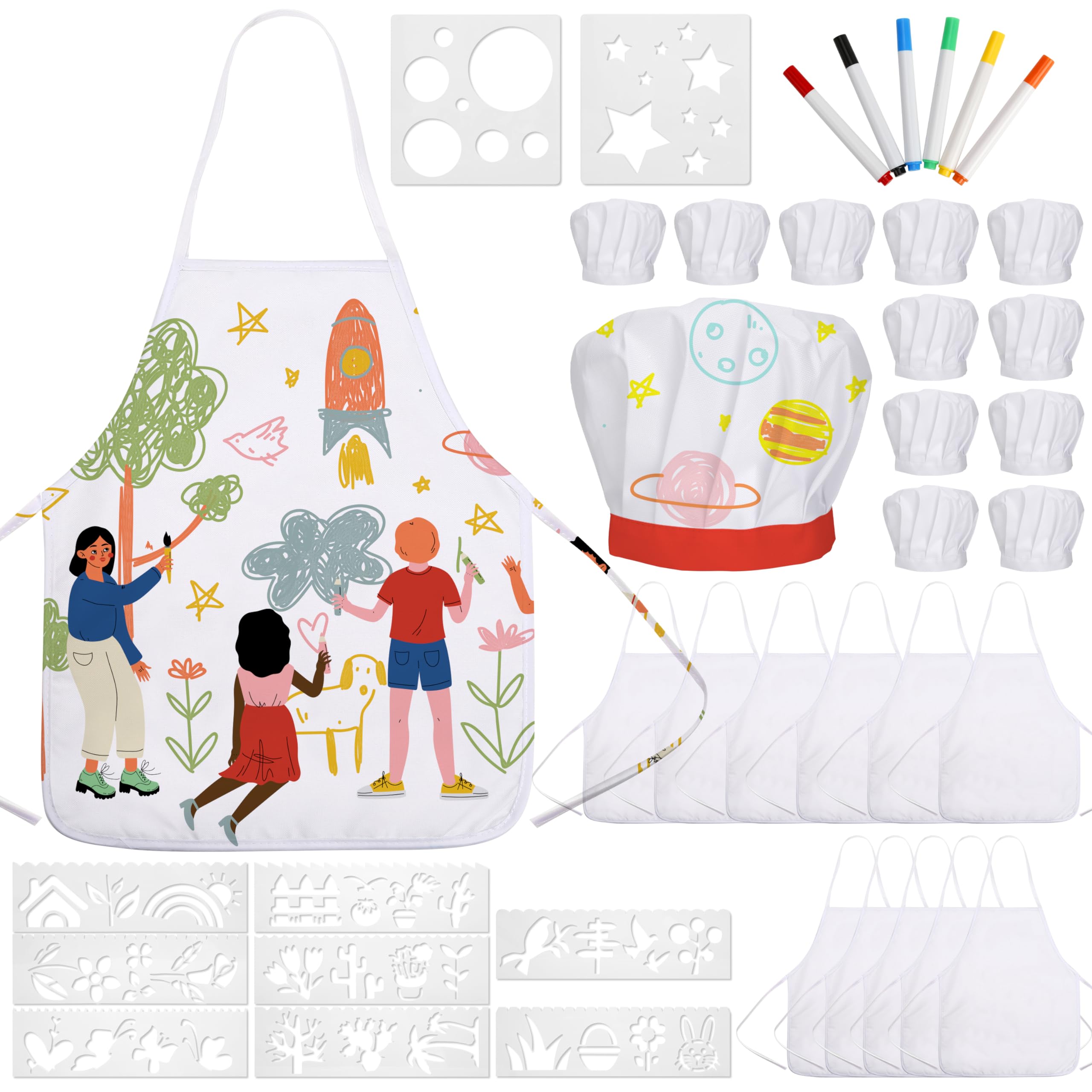 Pllieay 40 PCS Kids Aprons for Painting & Cooking - DIY Art Smocks with Chef Hat Set - Washable Toddler Aprons for Kitchen, Baking, Crafts - Perfect for Preschool, Daycare & Home Activities