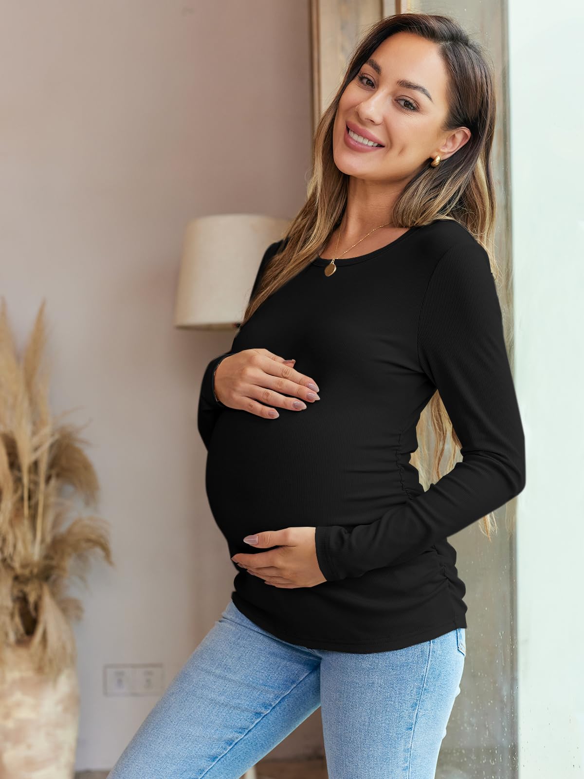 Maternity Long Sleeve Ribbed Knit Blouse for Women - Slim Fitted Crew Neck Pregnancy Top with Side Ruched Design | Perfect for Fall Season, Workwear & Casual Outfits