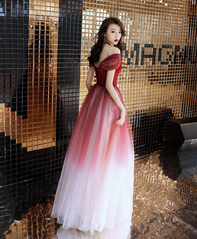 Elegant Burgundy Off Shoulder Tulle Long Prom Dress for Women - Formal Evening Gown for Homecoming, Wedding, and Special Occasions