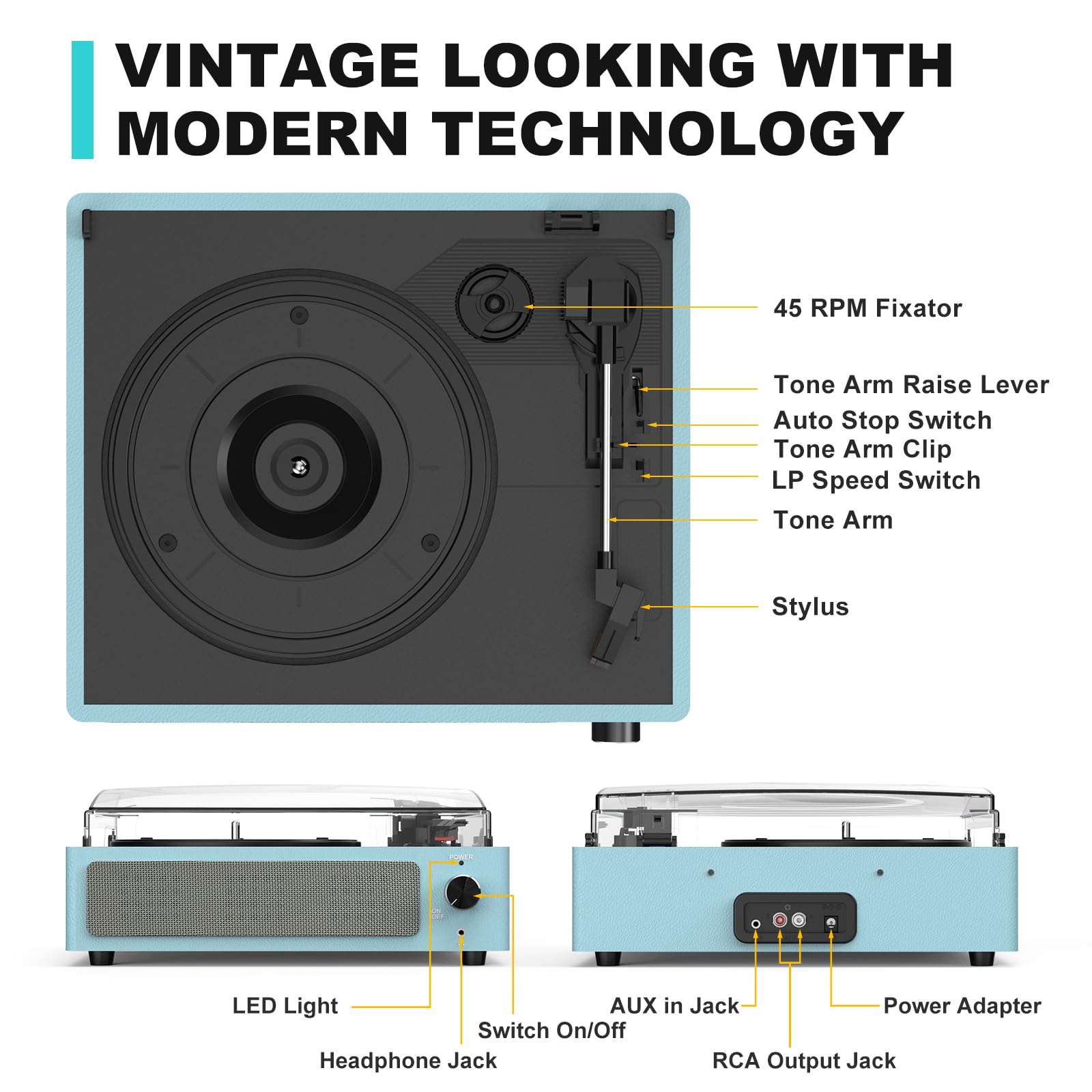 Vinyl Record Player with Built-in Speakers | Wireless Turntable for Vinyl Records | 3-Speed Adjustable LP Player with Auto Stop | AUX-in & RCA Line Output | Sleek Design for Home, Office & Party Use