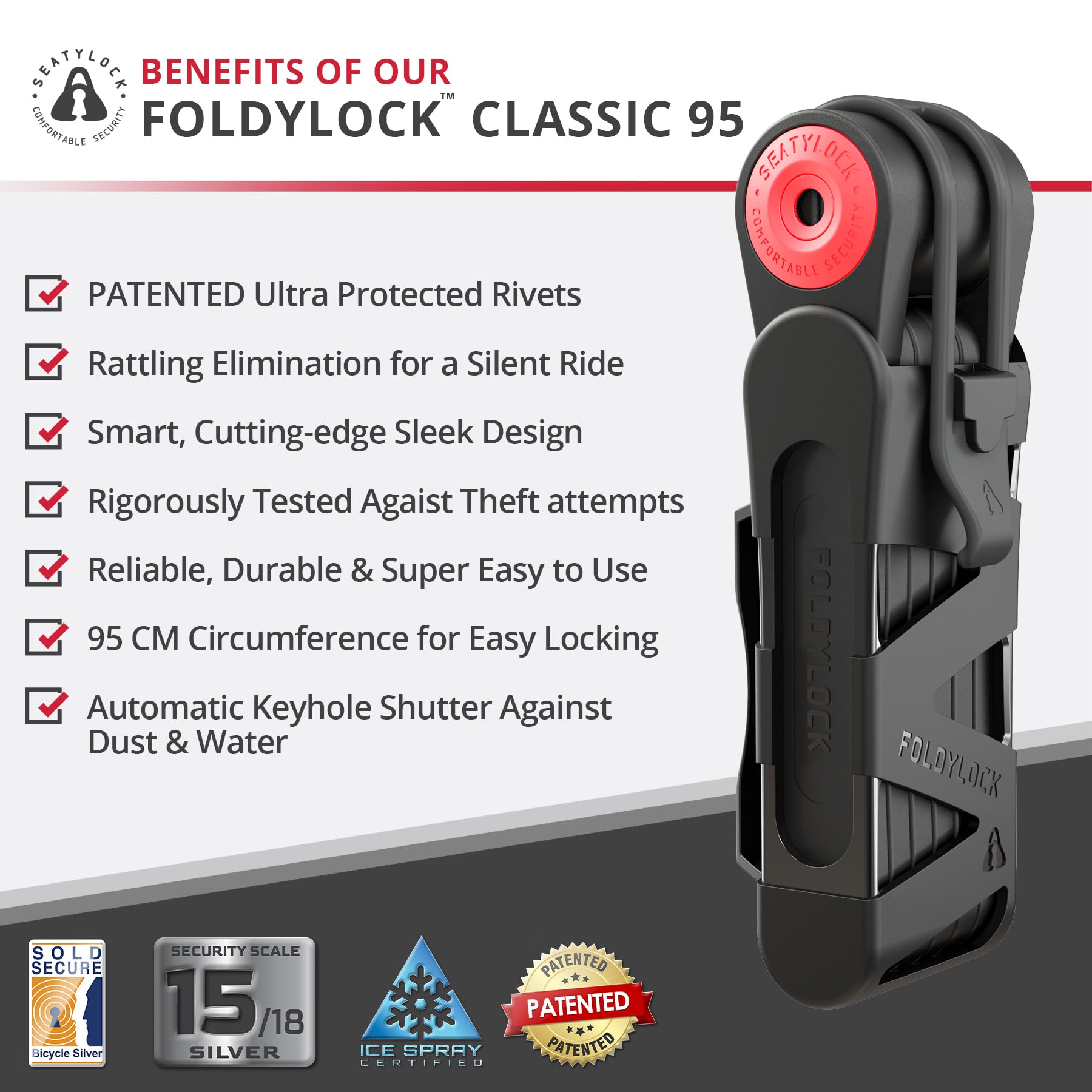 Seatylock FoldyLock Classic Folding Bike Lock - High Security Sold Secure Silver Bicycle U Lock - Heavy Duty Anti-Theft with Keys & Mount Case - 37.4