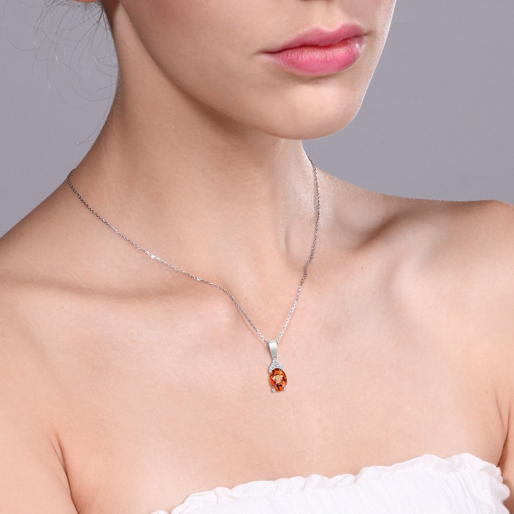 10K White Gold Oval Birthstone & Diamond Necklace for Women | 6x4mm Gemstone Pendant with 18