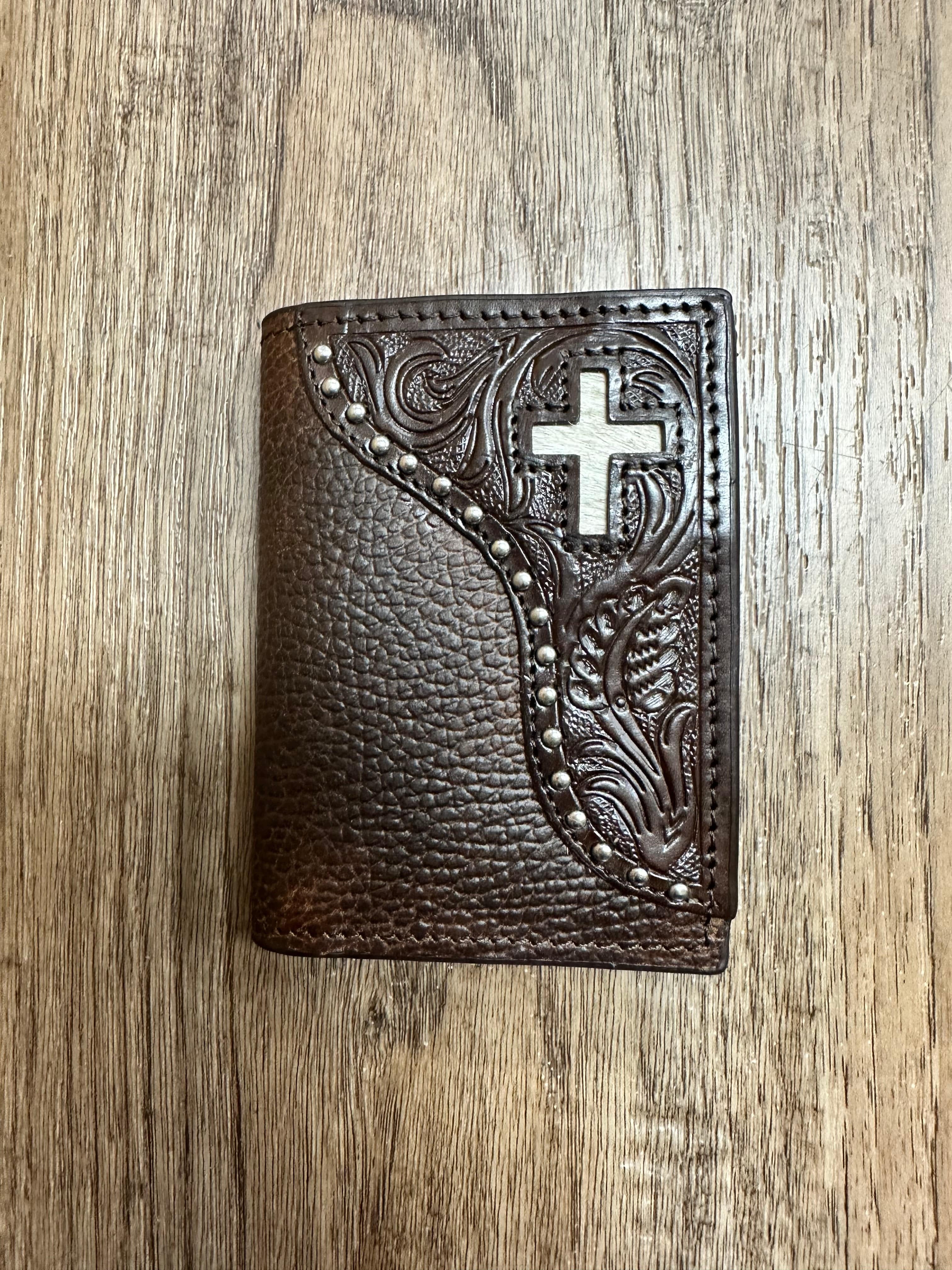 Genuine Brown Leather Wallet with Hair on Cross Design - Stylish & Durable Men's Bifold Wallet for Everyday Use & Gift Giving