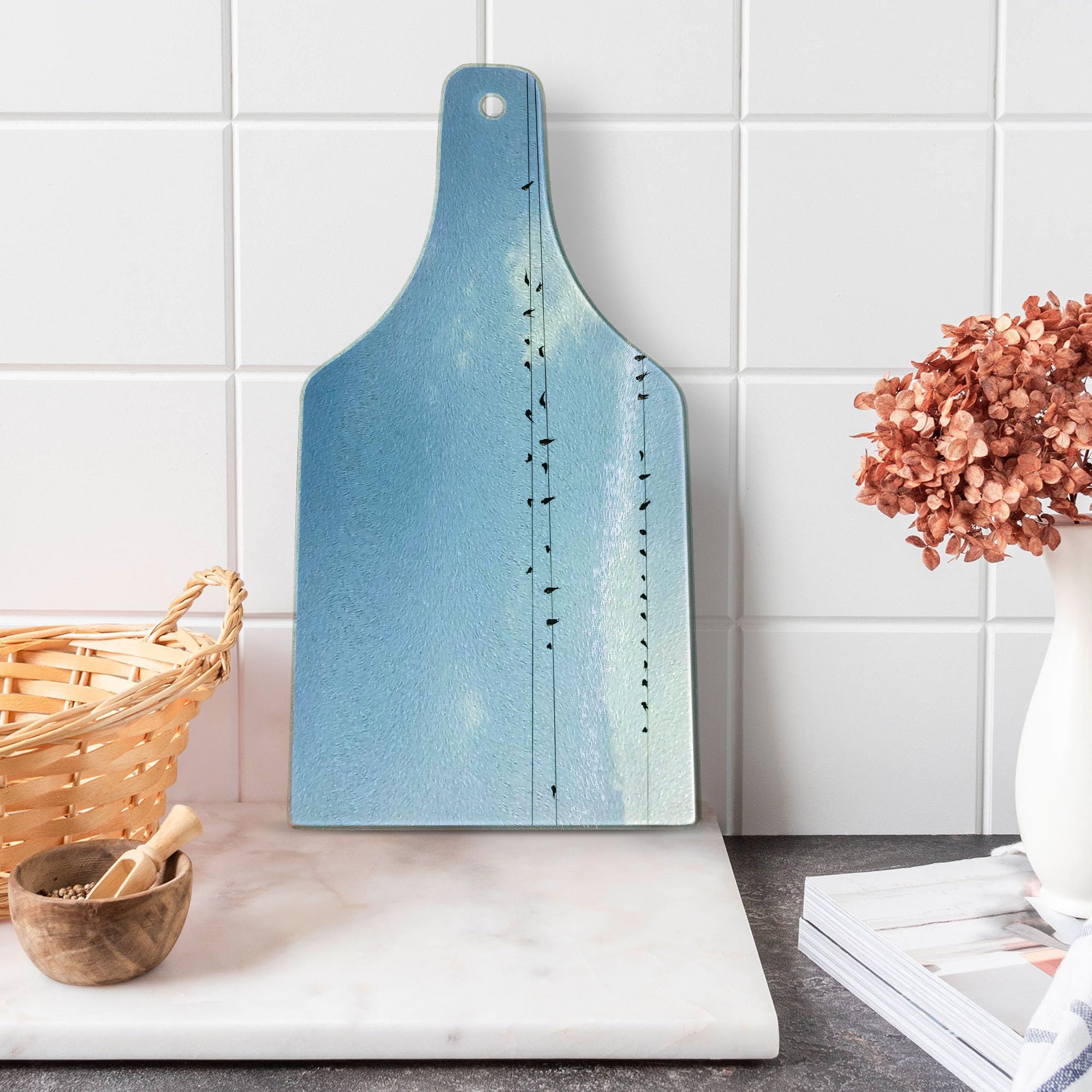 Ambesonne Decorative Tempered Glass Cutting Board - Swallows on Power Cord Spring Design, Wine Bottle Shape in Pale Blue, Black & White | Perfect for Serving Charcuterie, Cheese & Entertaining