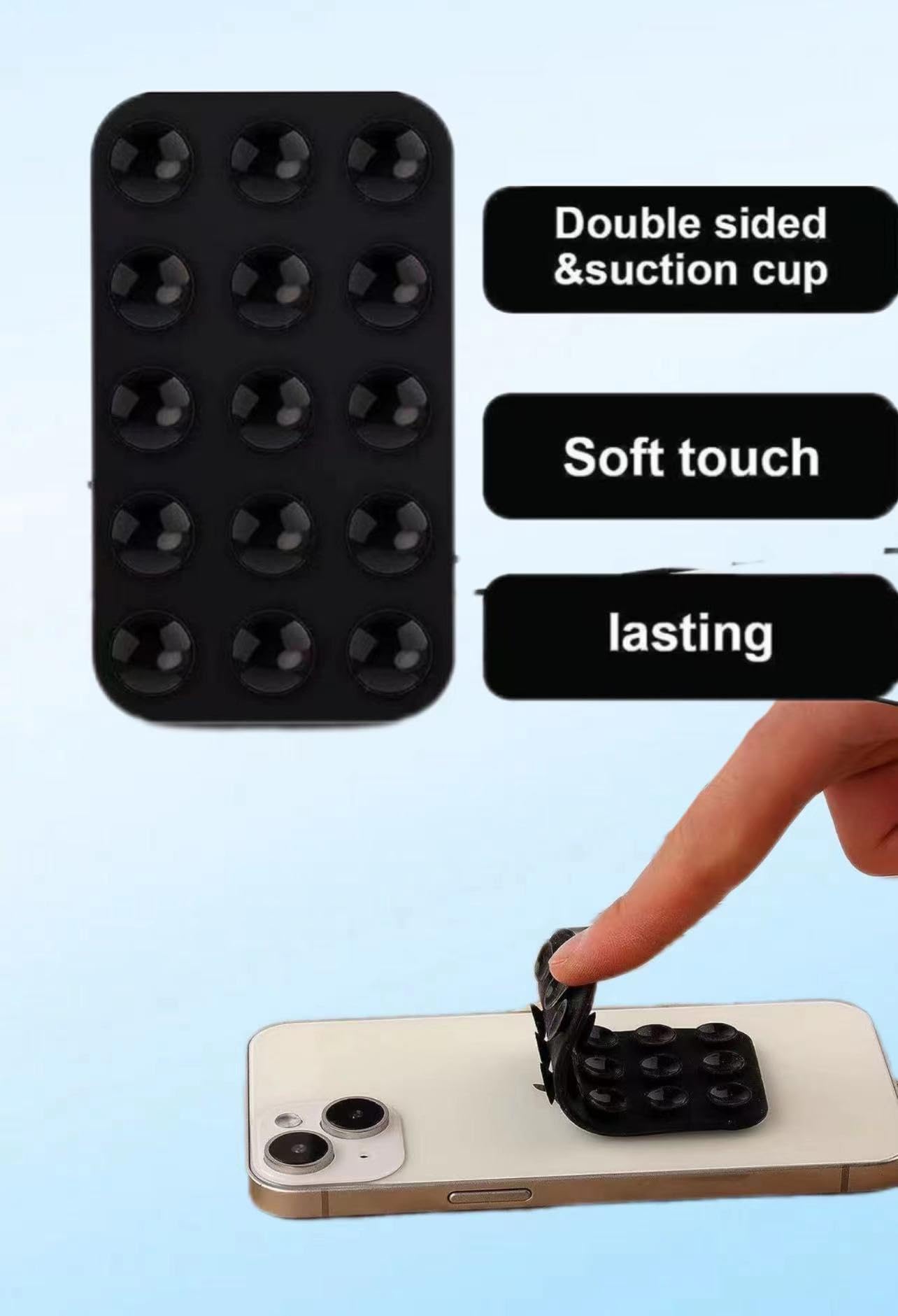 Double Sided Silicone Suction Cup Phone Holder - Black Multipurpose Rectangle Phone Mount for Car, Shower & Mirror - Glue-Free Removal Without Residue - Perfect for Hands-Free Use While Driving, Bathing or Applying Makeup (1PC Oblong)