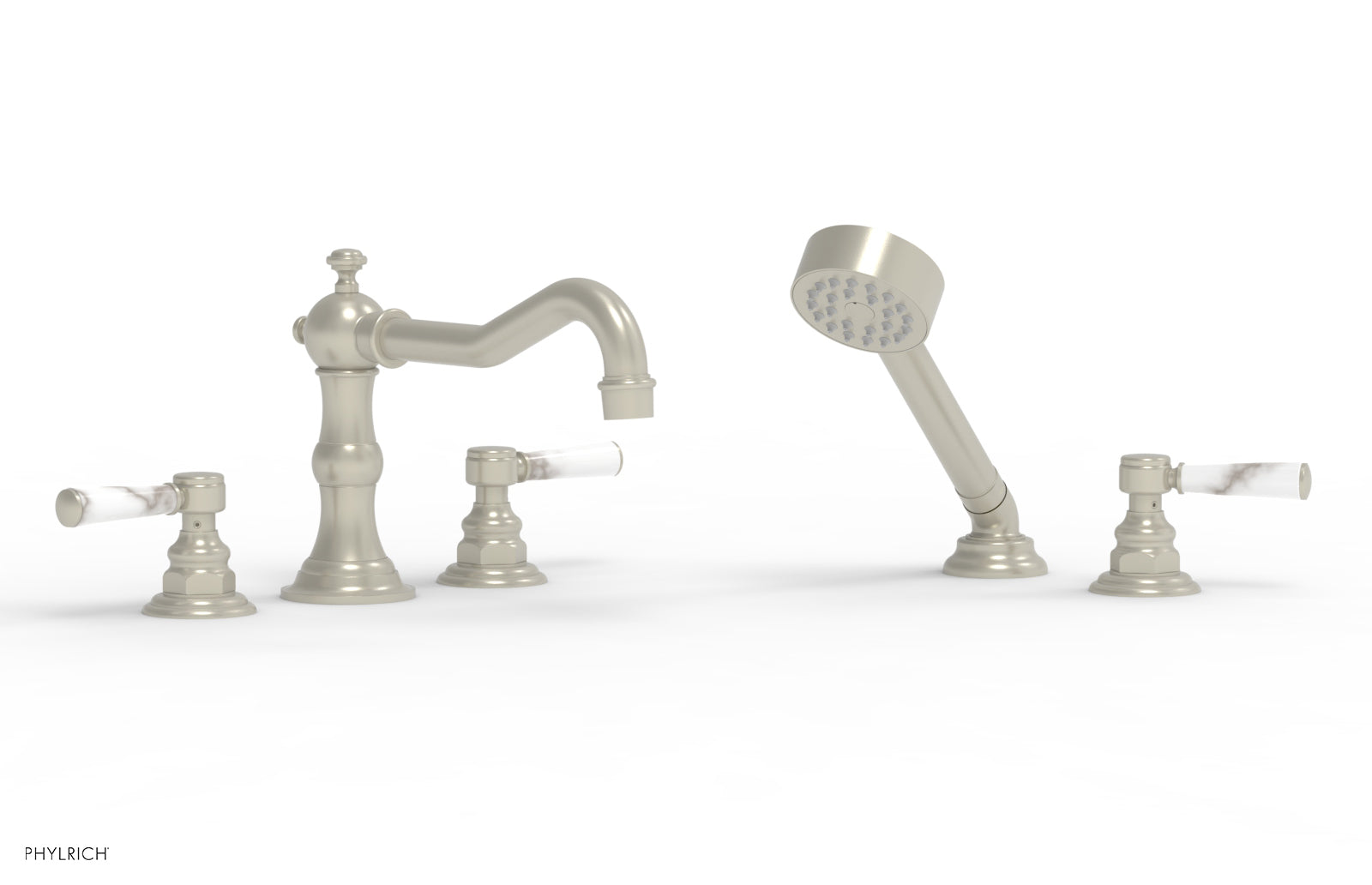 Premium HENRI Deck Tub Set with Hand Shower - White Marble Handles, 161.5