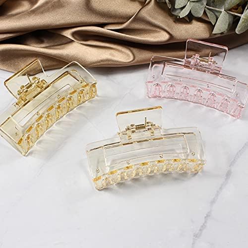 Korean Style Large Plastic Transparent Multicolor Hair Claw Clips - 3 Pack Long Jaw Clutches Hair Accessories for Women & Girls | Perfect for School, Work, Travel & Everyday Hairstyles