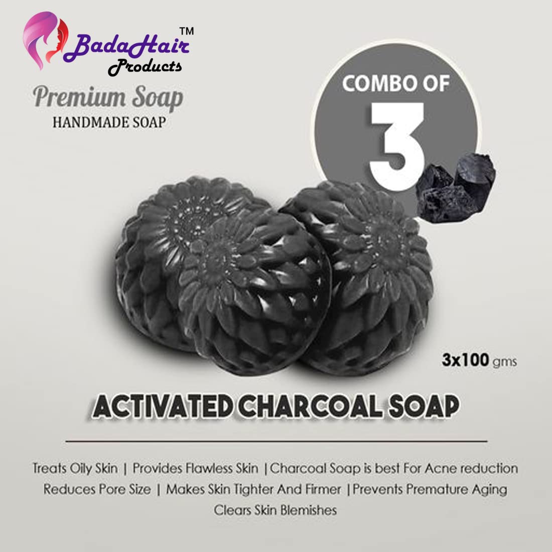 BADAHAIR® Activated Charcoal Soap for Face & Body - Natural Detox, Skin Whitening, Acne & Blackhead Treatment, Anti-Wrinkle & Anti-Pollution - Pack of 3 (3 x 100g) | Perfect for Daily Cleansing, Deep Pore Treatment & Glowing Skin Care Routine