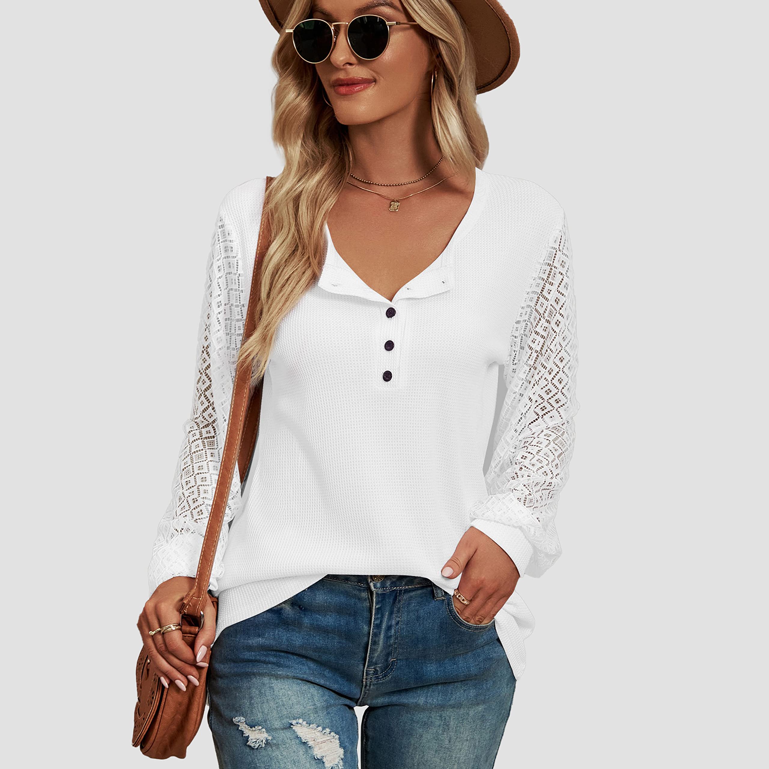 Famulily Women's Long Sleeve Lace Shirt - Waffle Knit Casual Button Up V-Neck Henley Top | Perfect for Work, Date Night & Everyday Wear
