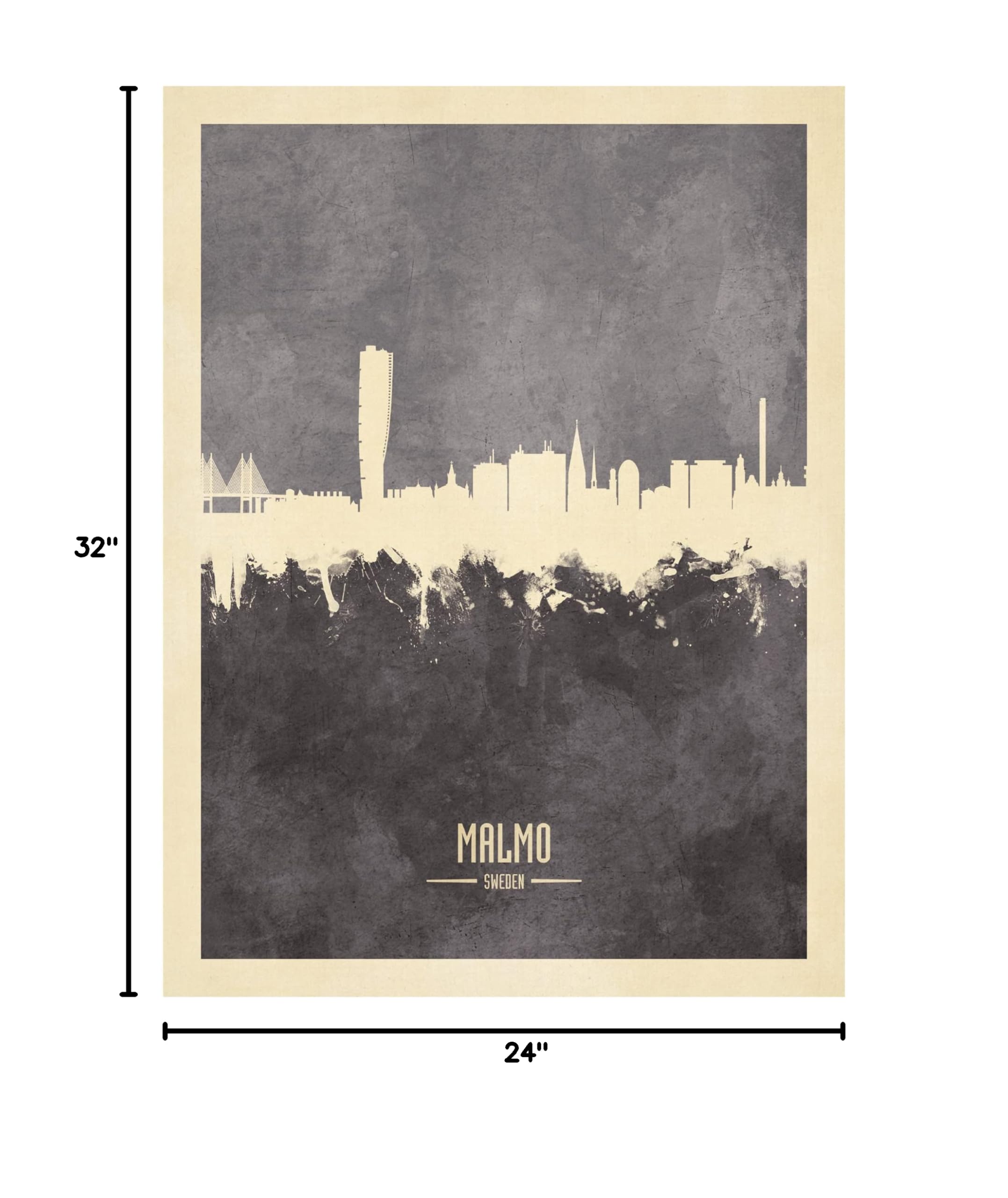 Michael Tompsett Malmo Sweden Skyline Gray Canvas Wall Art Print - Scandinavian Home Decor, Modern Office & Living Room Wall Decor