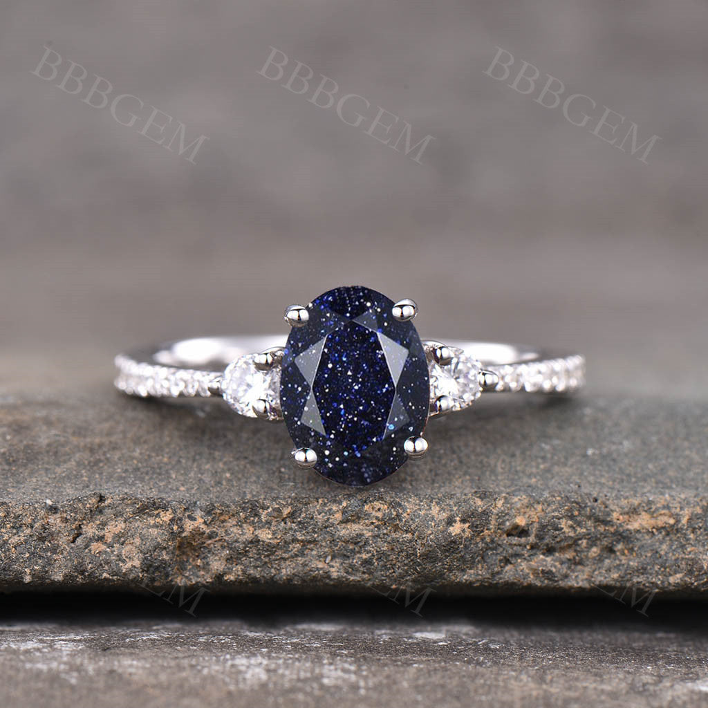 5x7mm Oval Cut Blue Sandstone Three Stone Engagement Ring - Half Eternity Diamond Wedding Band for Women - Perfect for Proposals, Anniversaries & Romantic Occasions
