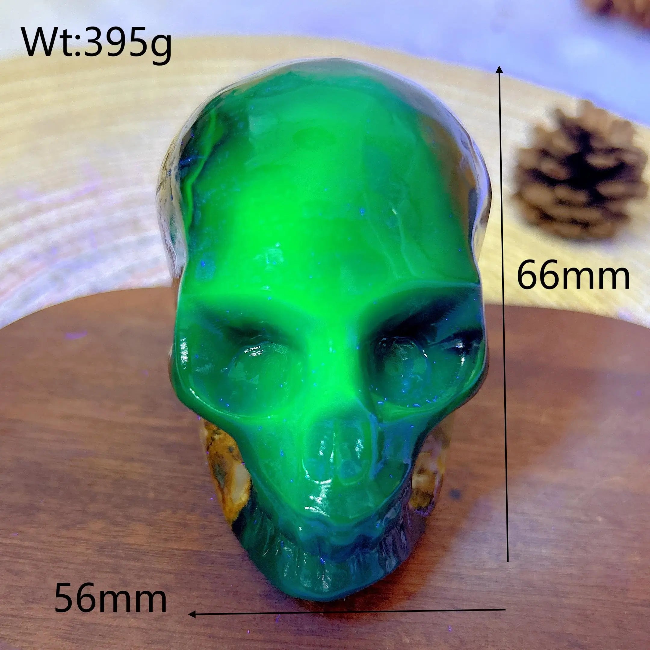 Natural Volcanic Agate Skull Carving with UV Light Effect - Green Flashy Healing Crystal for Energy, Home Decor & Spiritual Gifts | Perfect for Meditation, Feng Shui & Unique Gift Giving