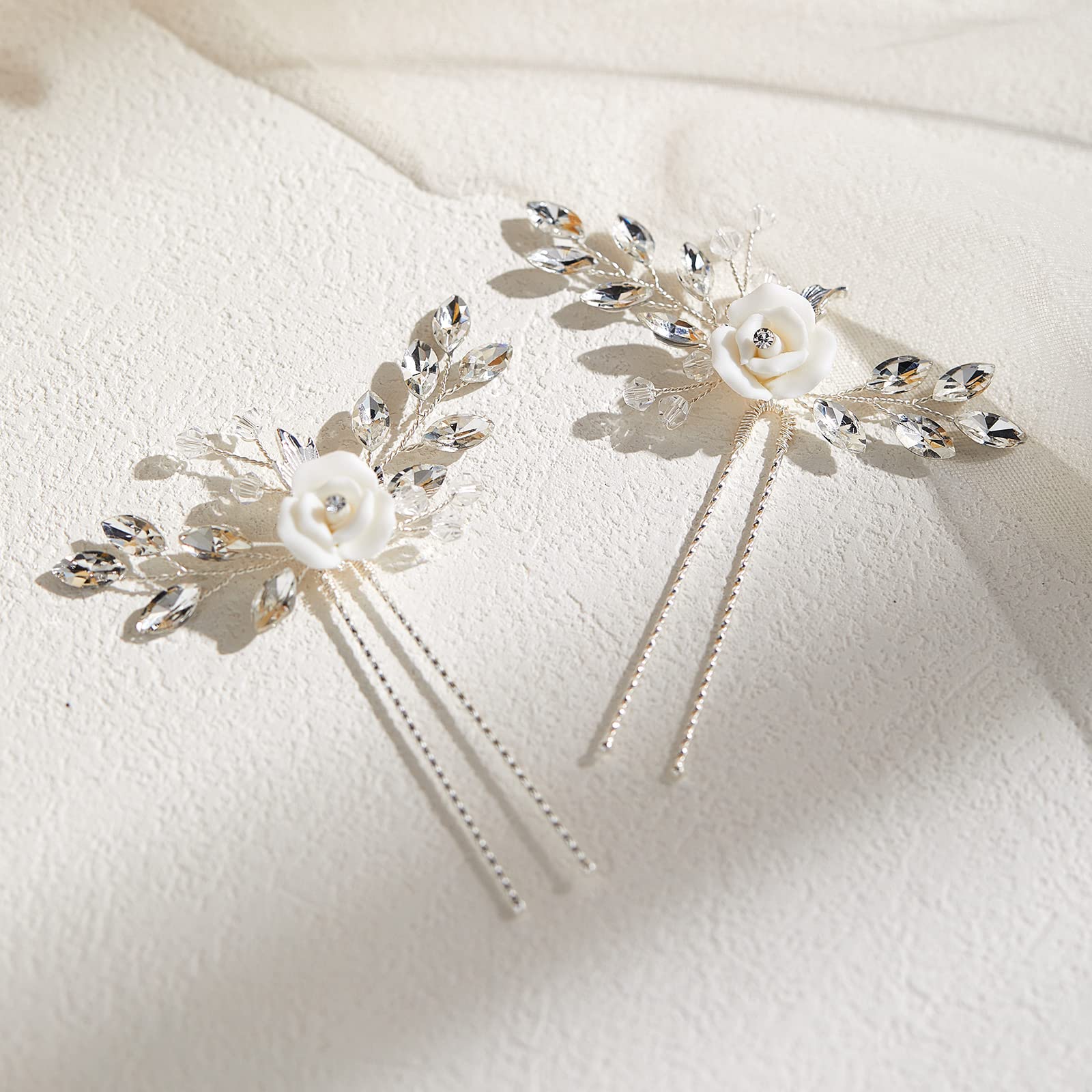 AW BRIDAL 2-Piece White Floral Hair Clips Set - Rhinestone Wedding Hair Combs & Pins for Brides, Bridesmaids & Women (Silver) | Perfect for Weddings, Proms & Special Occasions