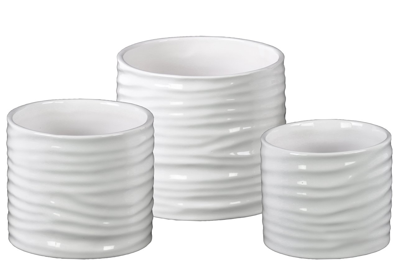 Set of 3 White Glossy Ceramic Low Cylindrical Pots with Ribbed Design - Perfect for Indoor Plants, Succulents, and Home Decor