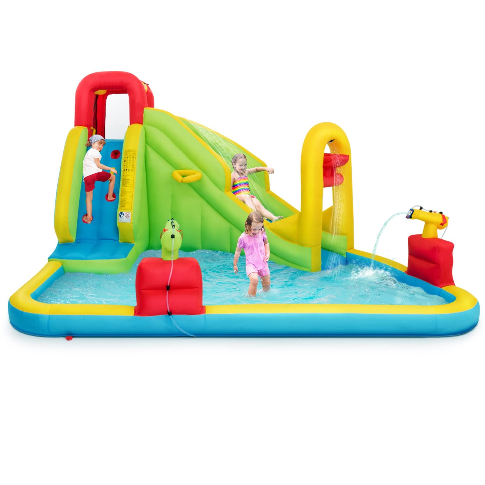 OLAKIDS 7-in-1 Inflatable Water Slide & Bounce House with 2 Slides, Climbing Wall, Splash Pool, Basketball Hoop, 2 Water Guns - Outdoor Water Park for Kids - Includes Carrying Bag & Water Hose - Perfect for Backyard Parties, Summer Fun & Family Gatherings