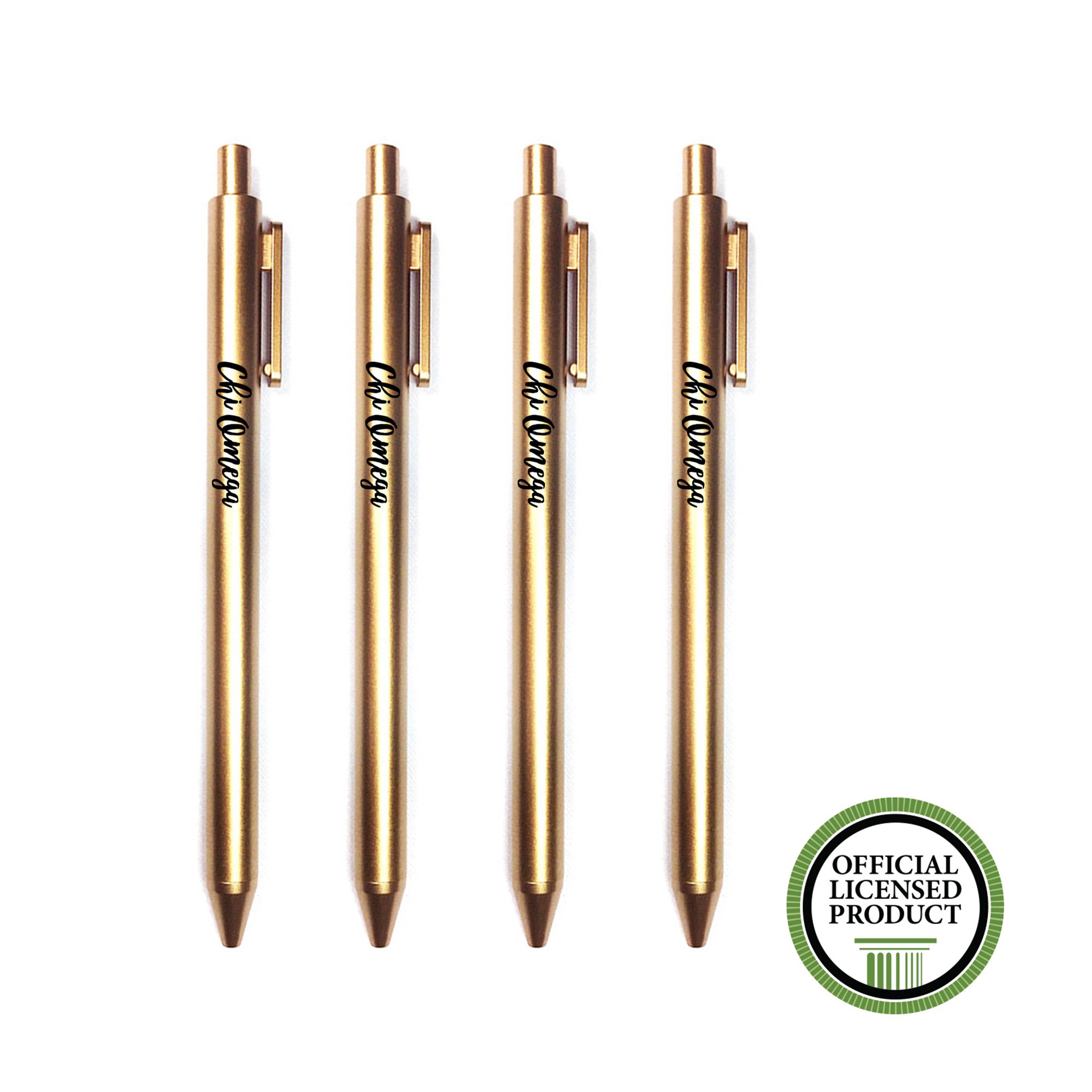 Chi Omega Sorority Pens 4-Pack - Gold Barrel with Black Script Font & Cactus Design - Perfect for Greek Life, Sisterhood Gifts, and College Note-Taking