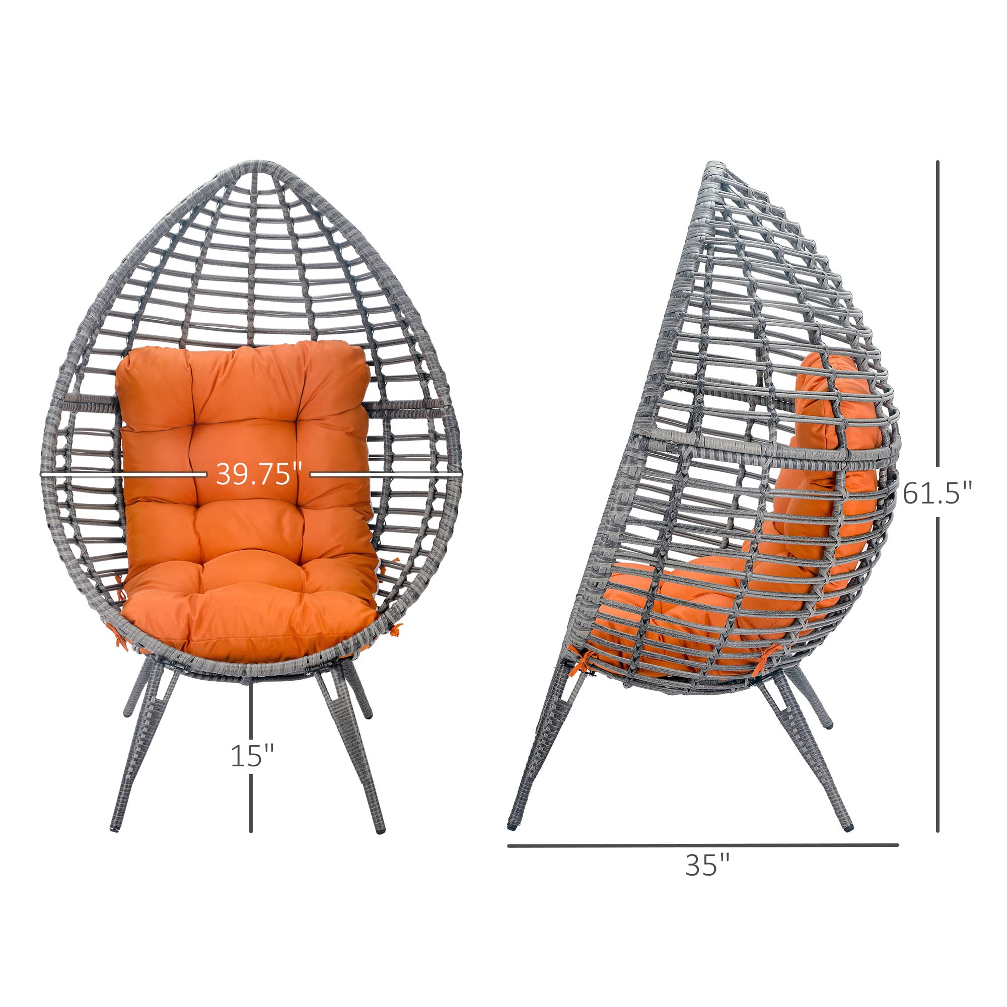 Outsunny Orange PE Wicker Egg Chair with Soft Cushion - Adjustable Height Teardrop Patio Chair for Indoor/Outdoor Use - Perfect for Porch, Garden, and Living Room Relaxation