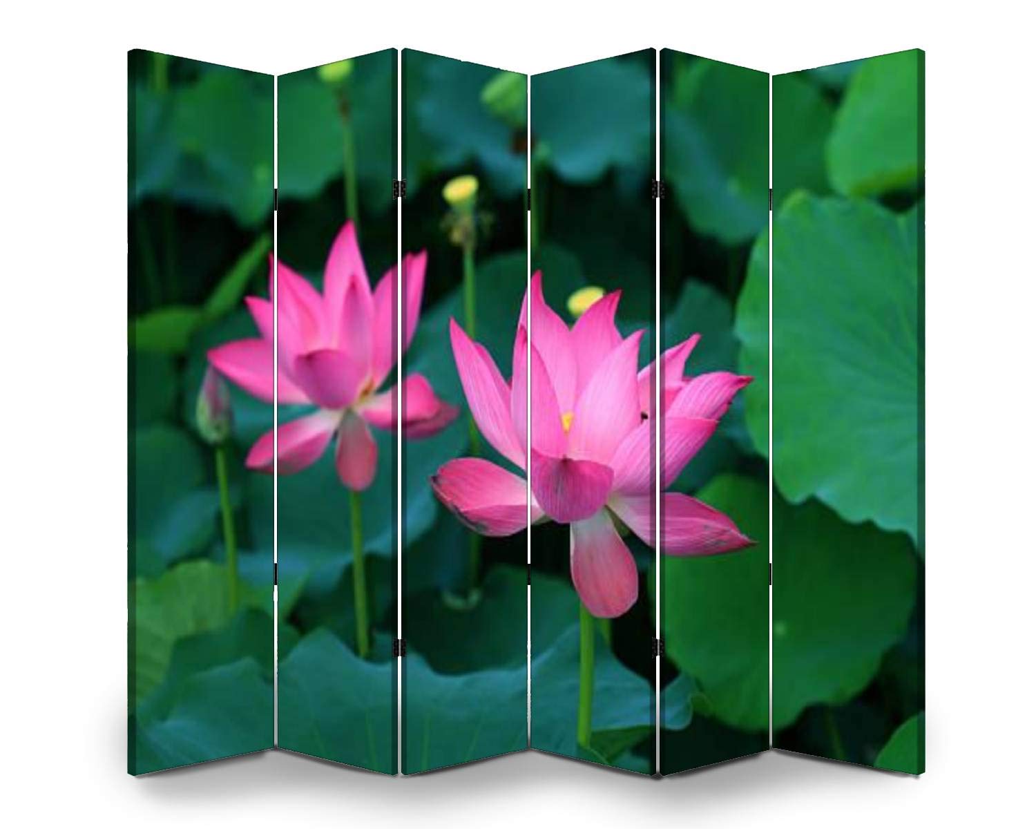 APED DECOR 6-Panel Wooden Room Divider with Pink Sacred Lotus Design - Folding Privacy Screen, Dual-Sided Canvas Partition for Bedroom, Office & Living Room - Indoor Decorative Wall Divider & Display Shelf
