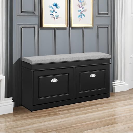 SoBuy Black Storage Shoe Bench with 2 Flip Drawers - Hidden Shoe Cabinet & Free Standing Shoe Rack - Hallway Entryway Storage Bench with Seat Cushion (FSR64-SCH) - Perfect for Small Spaces, Mudrooms & Closet Organization