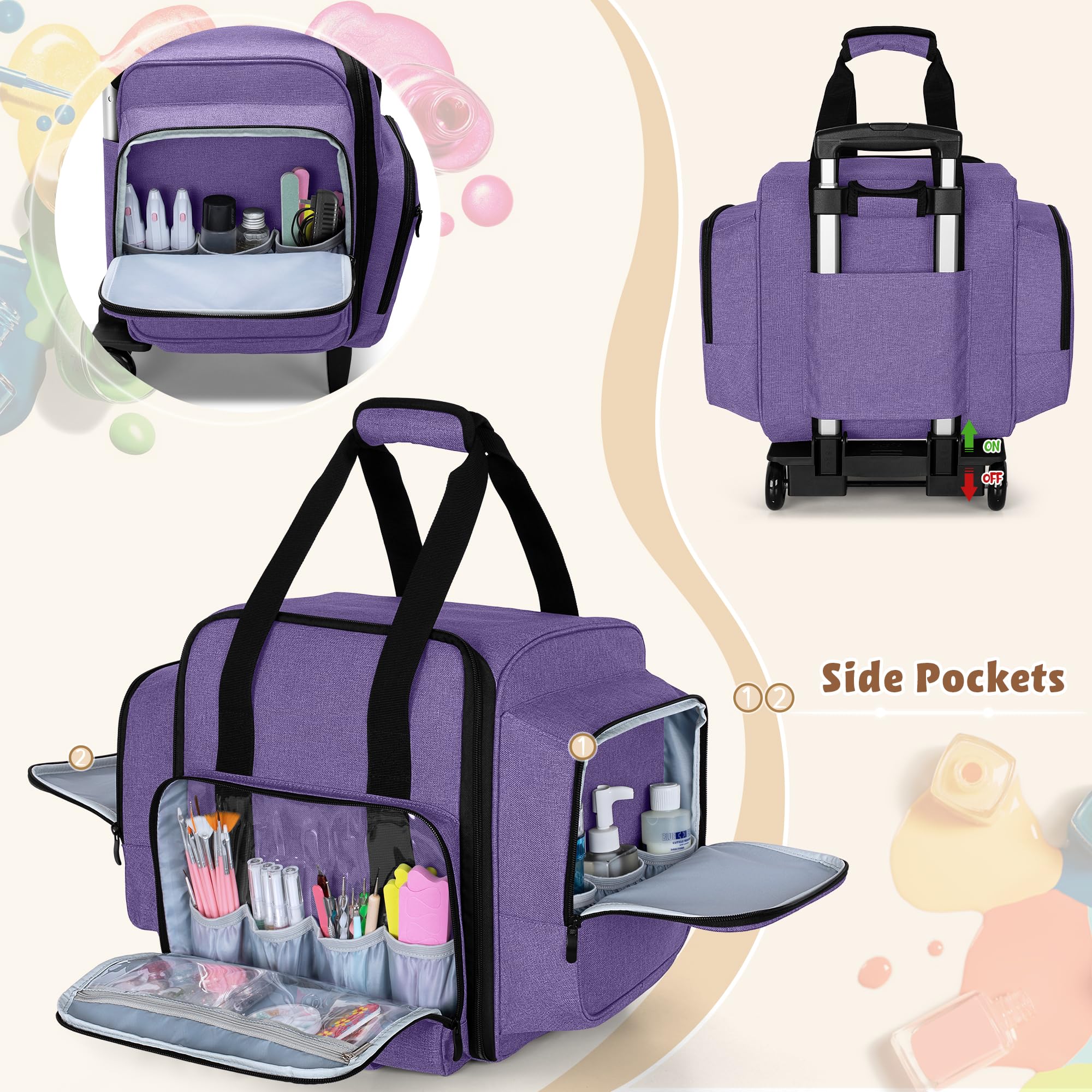 BAFASO Rolling Nail Polish Organizer Holds 144 Bottles - Portable Nail Polish Storage Case with Detachable Dolly & 3 Removable Trays (Patented Design, Purple) - Perfect for Salon, Home & Professional Nail Technicians