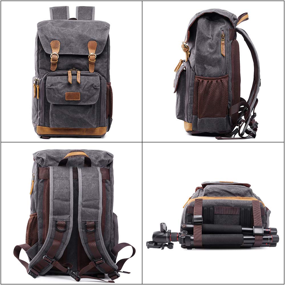 YUHAN Professional DSLR Camera Backpack - Large Waterproof Canvas SLR/DSLR Bag with Front Open & Anti-Shock Protection | Perfect for Travel Photography & Outdoor Shooting (Gray)