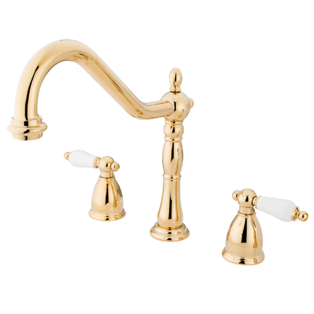 Kingston Brass KB1796PLLS Widespread Kitchen Faucet - Polished Brass Finish, High Arc Spout, Dual Handle Design for Modern Kitchens | Perfect for Cooking, Washing Dishes & Filling Pots