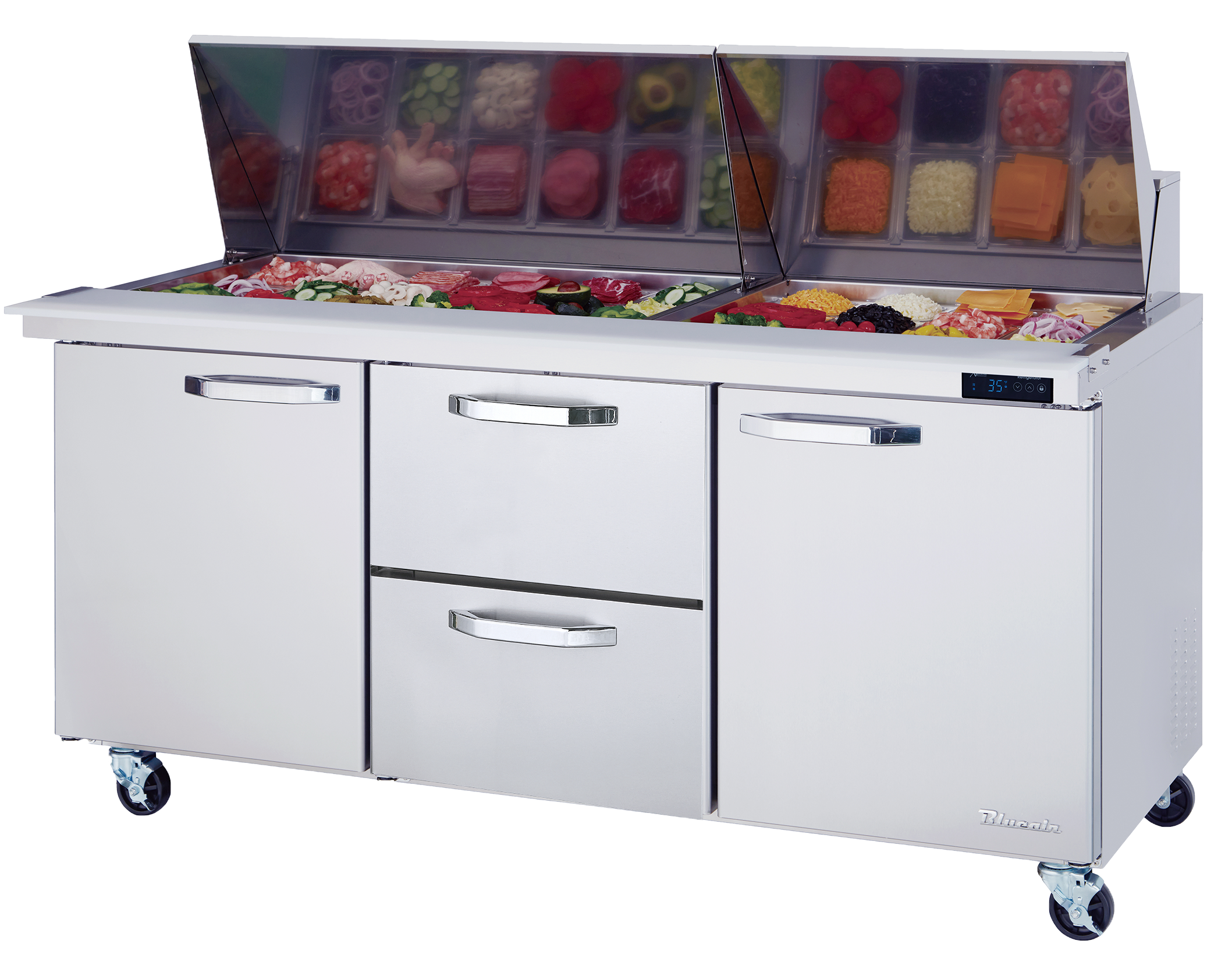 Stainless Steel 2-Drawer 2-Door Prep Table with 30x1/6 Pans - 72
