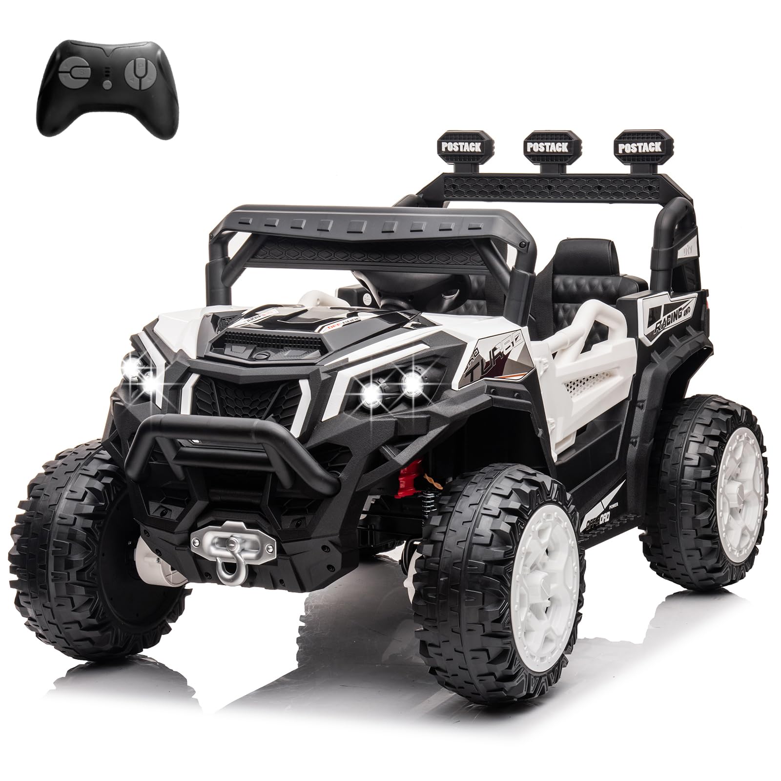 POSTACK 24V Kids Electric Ride On Car with Parent Remote Control - 2WD/4WD Battery Powered Toy UTV with Music, LED Lights, Bluetooth & Storage Trunk - Perfect for Outdoor Play, Birthday Gifts & Family Fun (White)