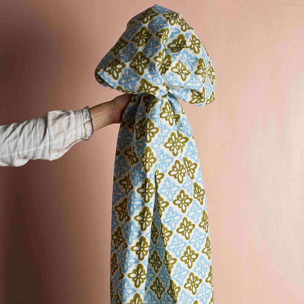 Pattee Block Printed Linen Fabric in Khaki - Lightweight & Breathable for Summer Dresses, Curtains, and Home Decor