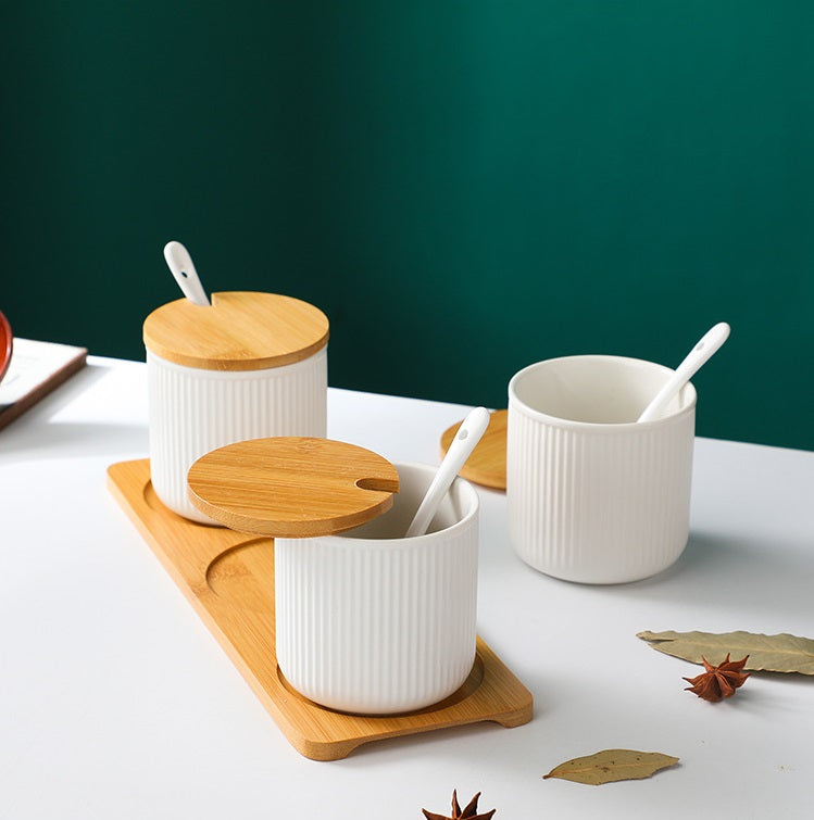 Nordic Style 3-Piece Condiments Pots Set with Wooden Tray - Ceramic Salt & Pepper Shakers, Spice Jars for Kitchen Countertop - Perfect for Dining Table, Coffee Bar, and Home Decor