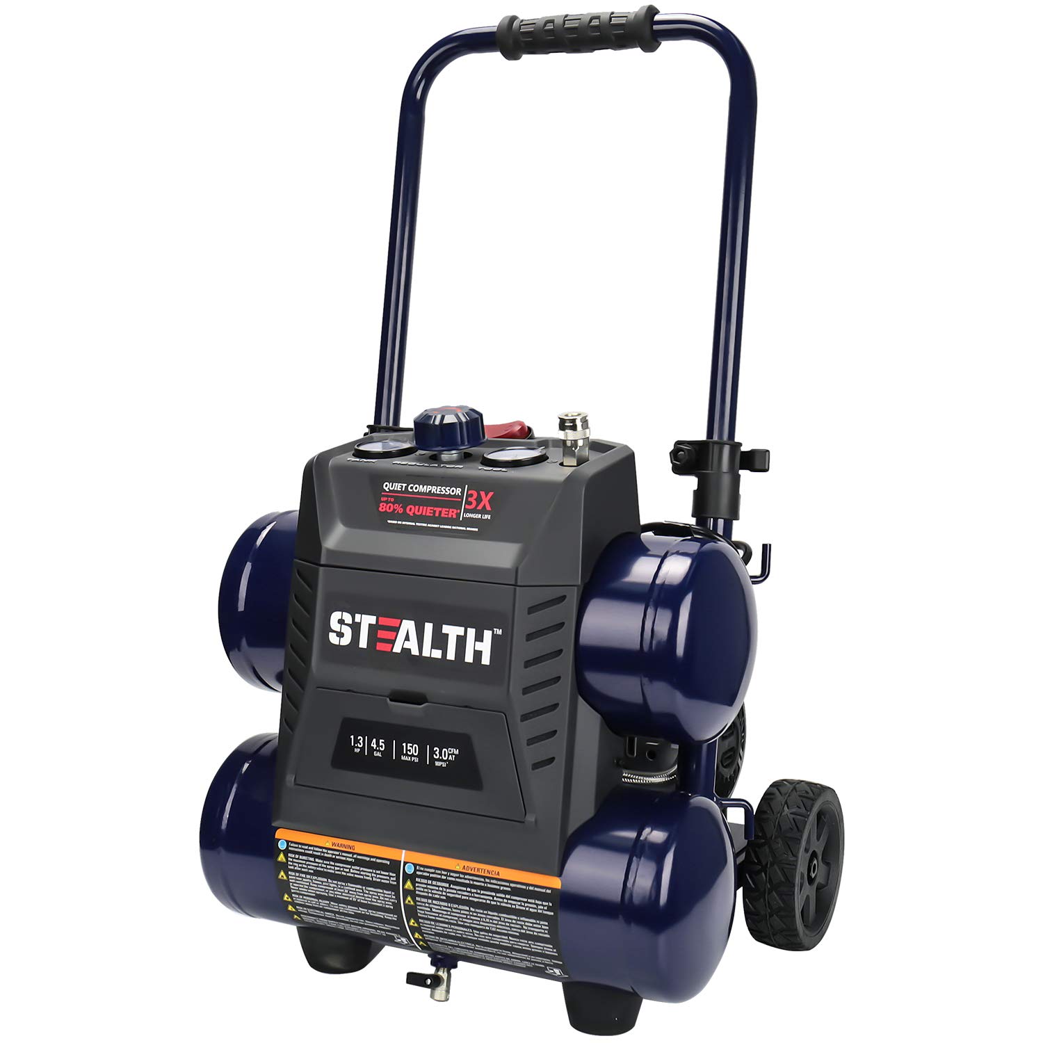 STEALTH Ultra Quiet Air Compressor - 64dB 4.5 Gallon 1.3HP Oil-Free Air Pump, 150 PSI Max, 3 CFM @ 90 PSI Portable Air Compressor with Wheels for Garage, Workshop, Construction Sites | Perfect for DIY Projects, Inflating Tires, and Powering Air Tools (Model SAQ-1413)