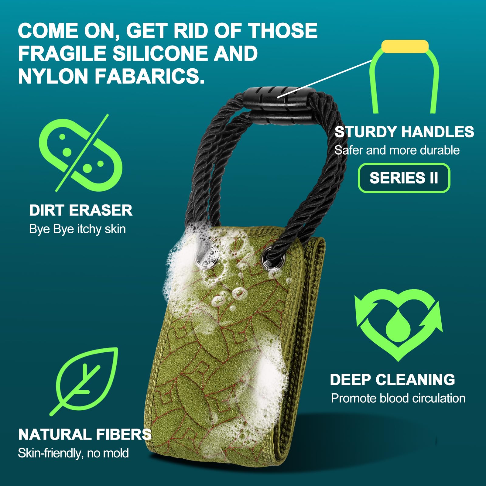 38.5 Inch Exfoliating Back Scrubber with Handles - Dual-Sided Body Scrubber for Deep Cleansing & Dead Skin Removal - Shower Back Washer for Men & Women - Perfect for Daily Use in Bath or Shower (Green)