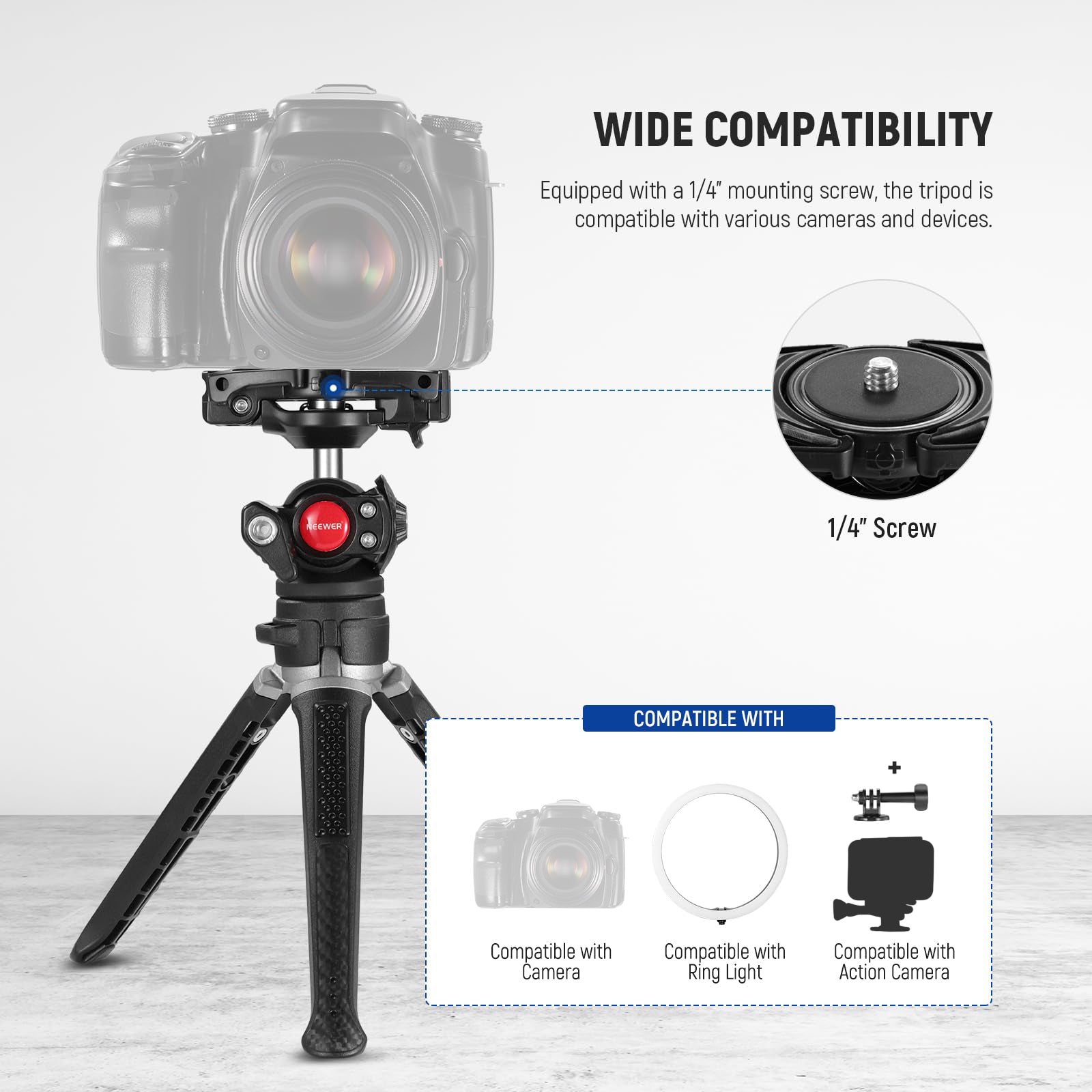 NEEWER TS006 Mini Desktop Tripod Stand - Compact Lightweight Aluminum Alloy Camera Tripod for DSLR Cameras, Smartphones, Webcams, and Vlogging - Perfect for Home Office, YouTube Streaming, Travel Photography & Video Shooting