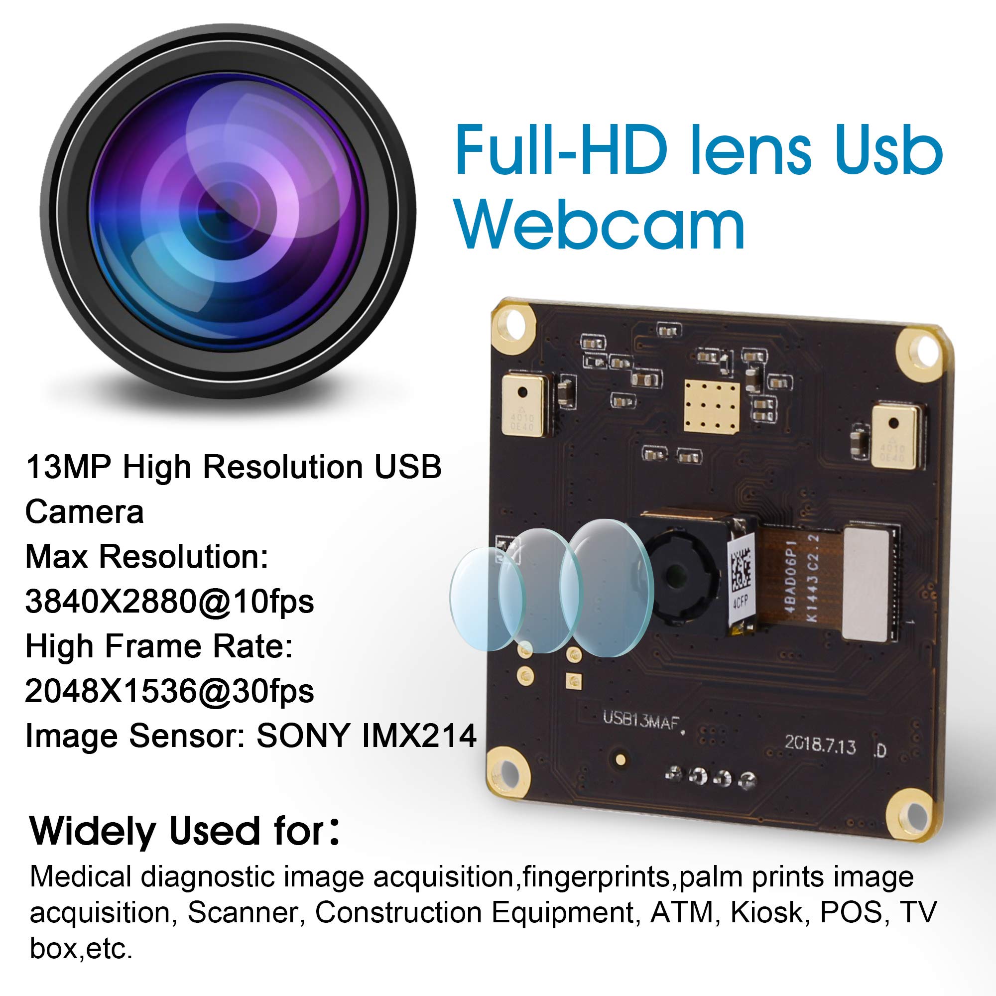 13MP USB Camera Module with Microphone, Autofocus & Audio - UVC USB 2.0 Webcam Board for PC/Laptop/Jetson Nano - Industrial Embedded IMX214 Camera for Video Conferencing, Live Streaming & Lightburn Applications
