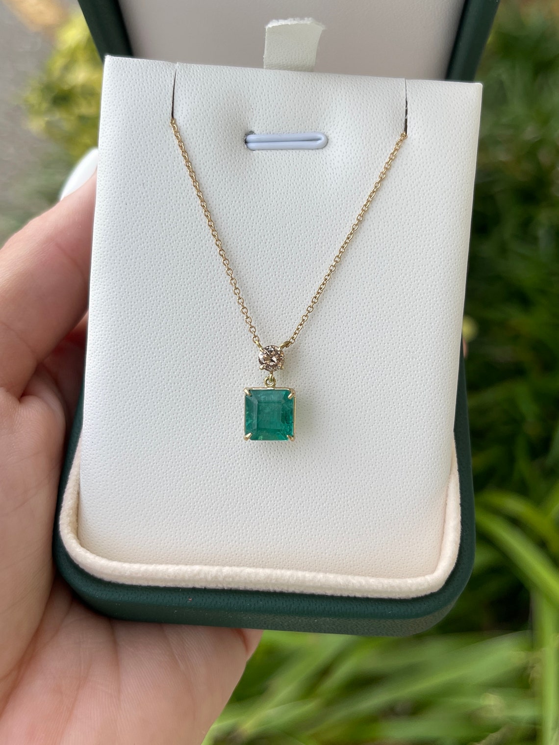 3.50tcw 14K Gold Dangle Necklace with Natural Emerald Asscher Cut & Champagne Diamond Accent - Elegant Jewelry for Weddings, Parties & Special Occasions