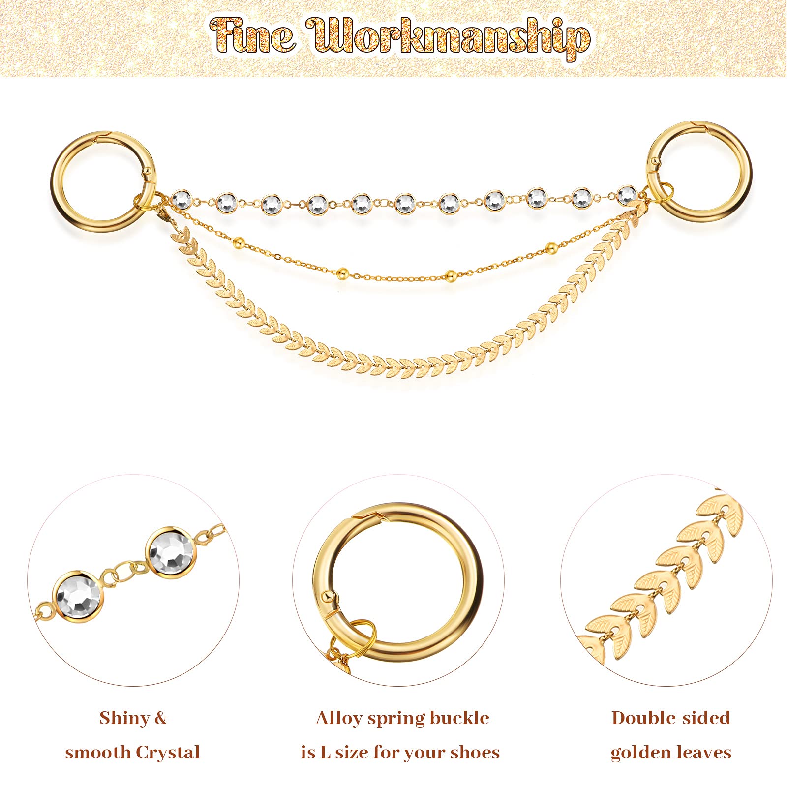 2 Pairs Handmade Shoe Charms Chains - Glitter Alloy Shoe Accessories with Buckle Clasps, Shiny Faux Jewelry Decor for DIY Crafts - Perfect for Sneaker Customization, Gift Making & Fashion Accessories