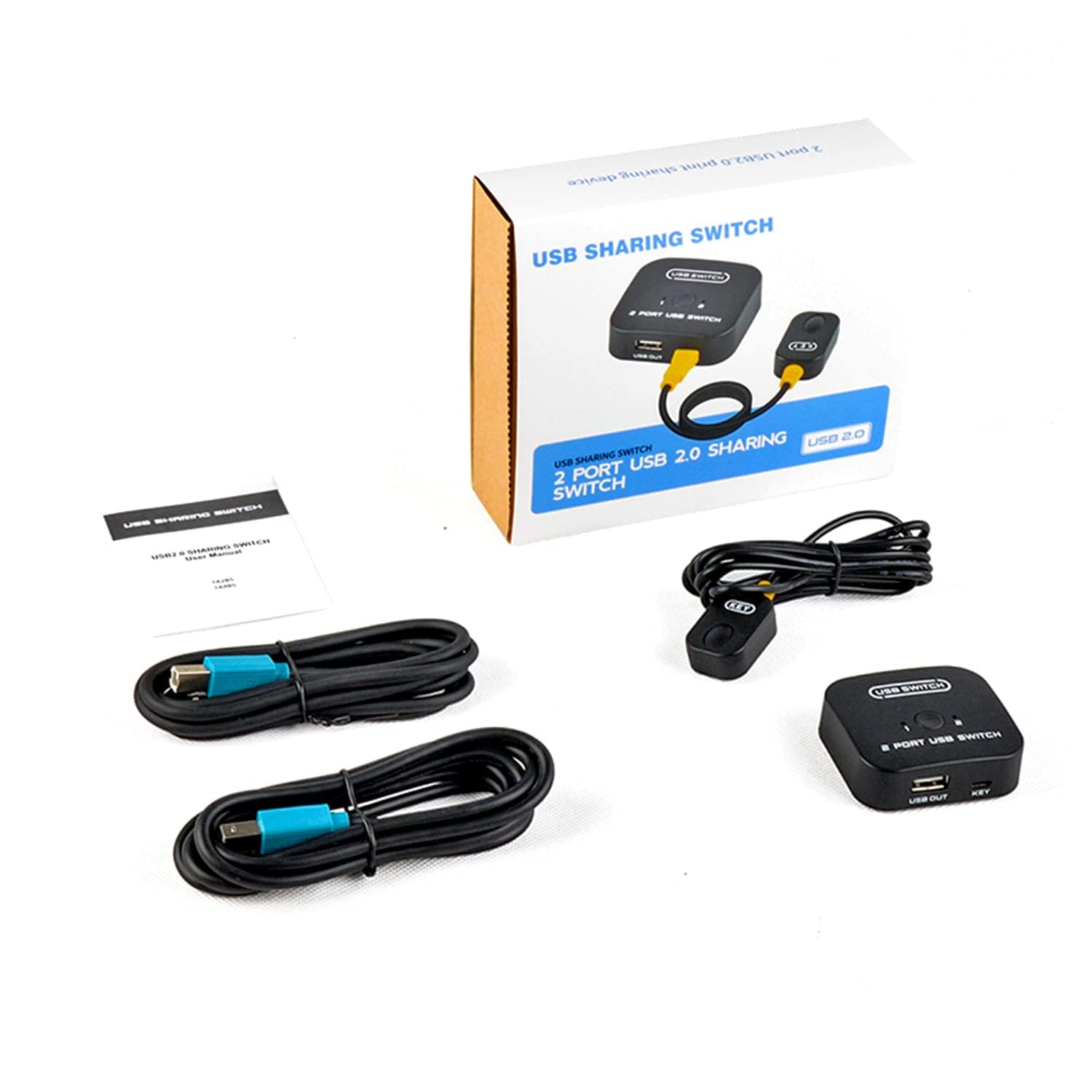 2-Port USB Switch Selector for Keyboard Mouse Printer Scanner | USB 2.0 Sharing Device for 2 Computers | Includes Desktop Controller & 2 USB Cables | Perfect for Home Office & Multi-PC Workstations