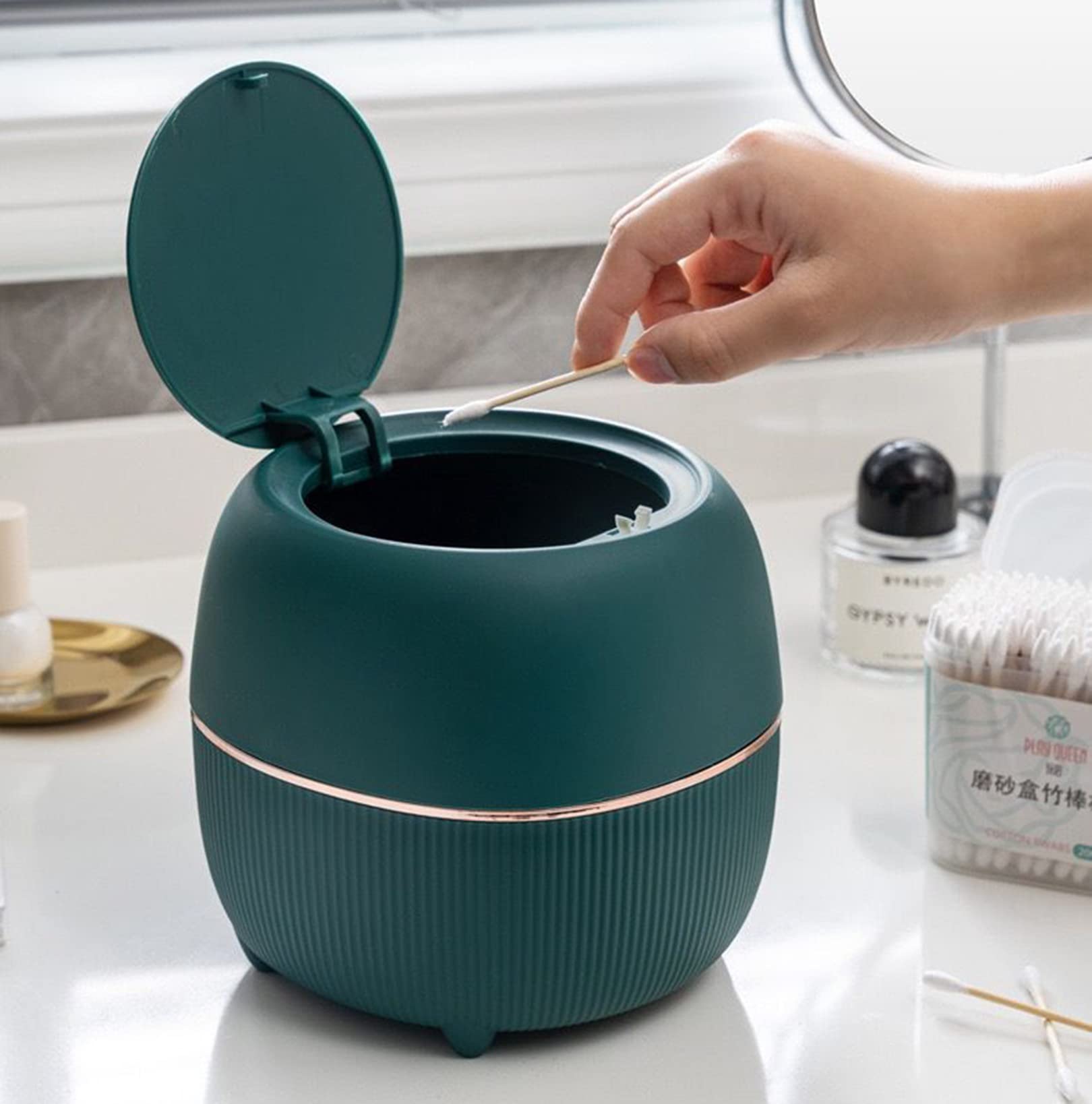 Eco-Friendly Mini Desktop Trash Can with Lid - Small Plastic Waste Bin for Home & Office Organization - Includes 50 Trash Bags (Green) | Perfect for Desk, Bathroom, Bedroom & Dorm Room Cleaning