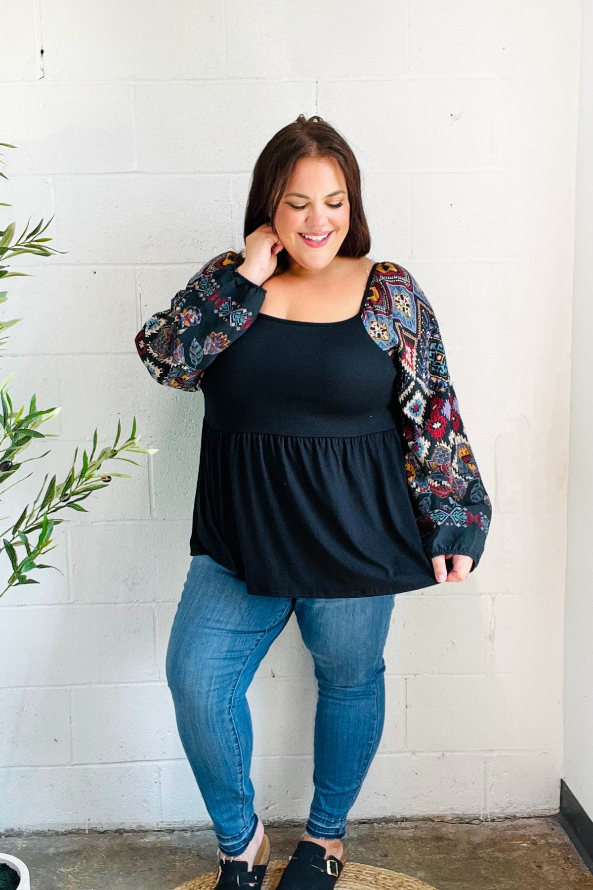 Stylish Black Square Neck Border Print Bubble Sleeve Blouse for Women | Trendy Floral Summer Top | Perfect for Date Night, Office Wear & Casual Outings