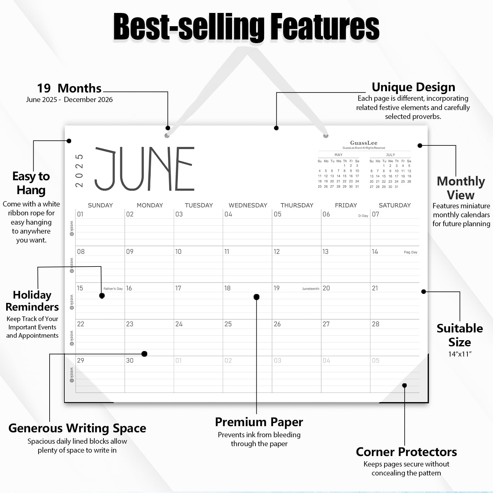 GuassLee 2025-2026 19-Month Academic Planner Calendar | June 2025 - December 2026 Wall/Desk Calendar | 14