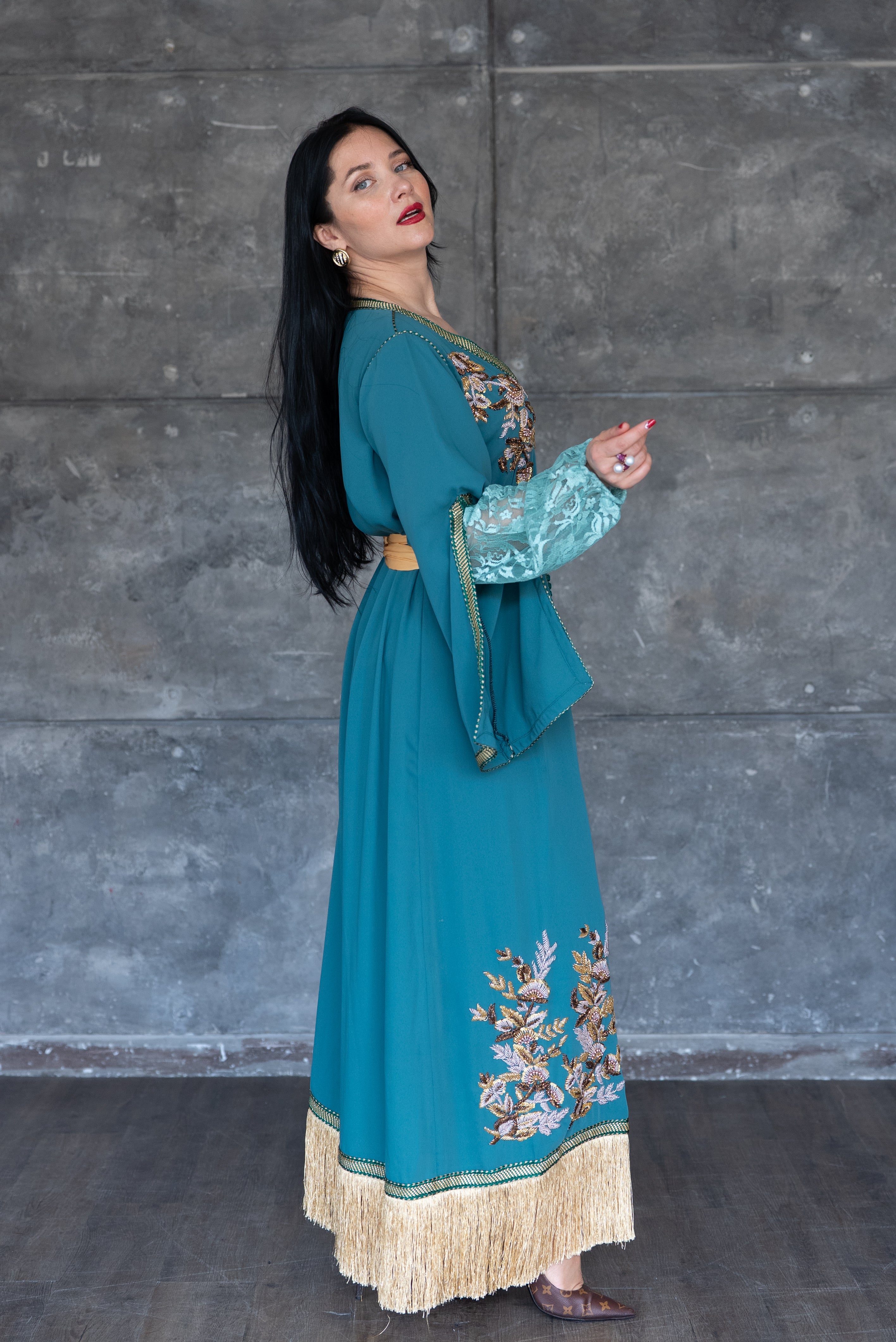 Elegant Teal Embroidered Caftan Dress with Gold Fringe Trim - Perfect for Beach Cover-ups, Boho Parties & Summer Vacations