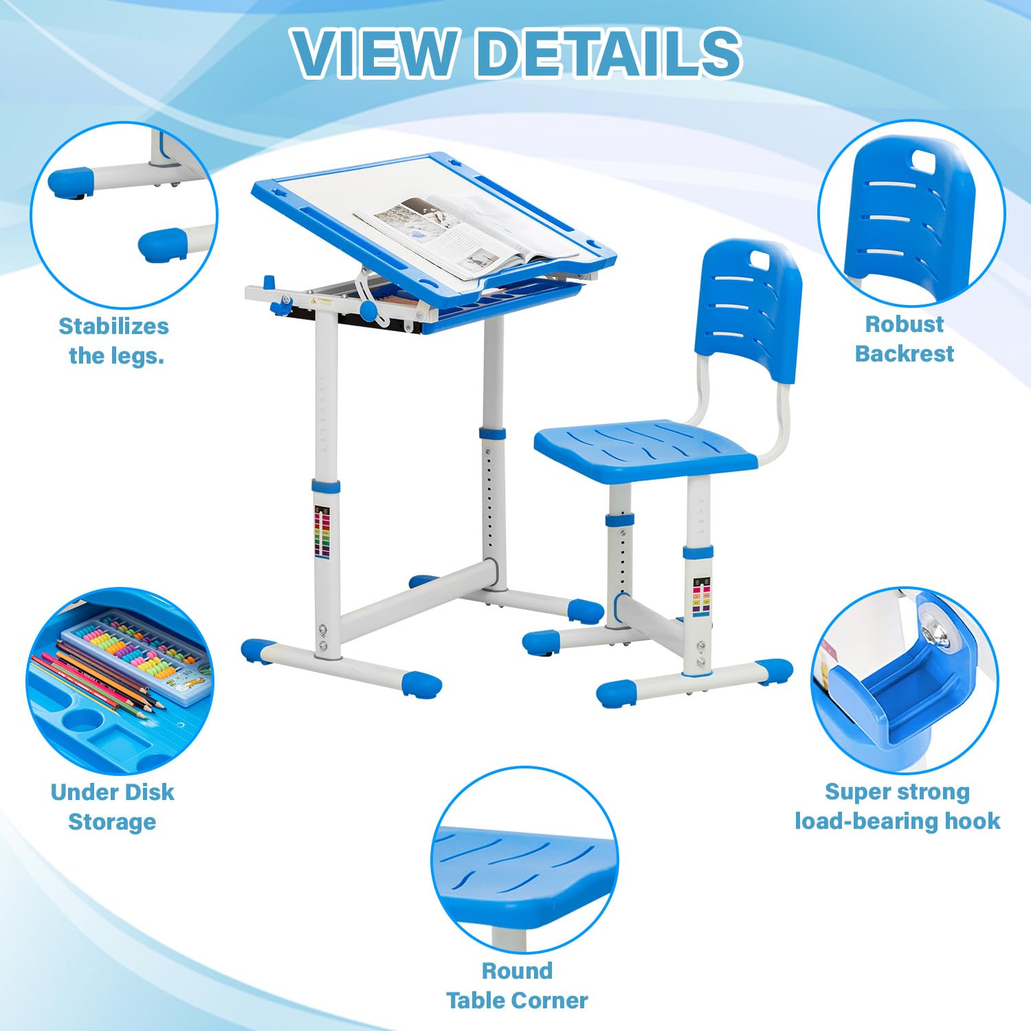 Adjustable Kids Study Desk and Chair Set - Multi-Function Height Adjustable Children's Writing & Computer Table with Storage Drawer, 45°Tilted Desktop - Perfect for Homeschooling, Online Learning & Bedroom Study (Blue)