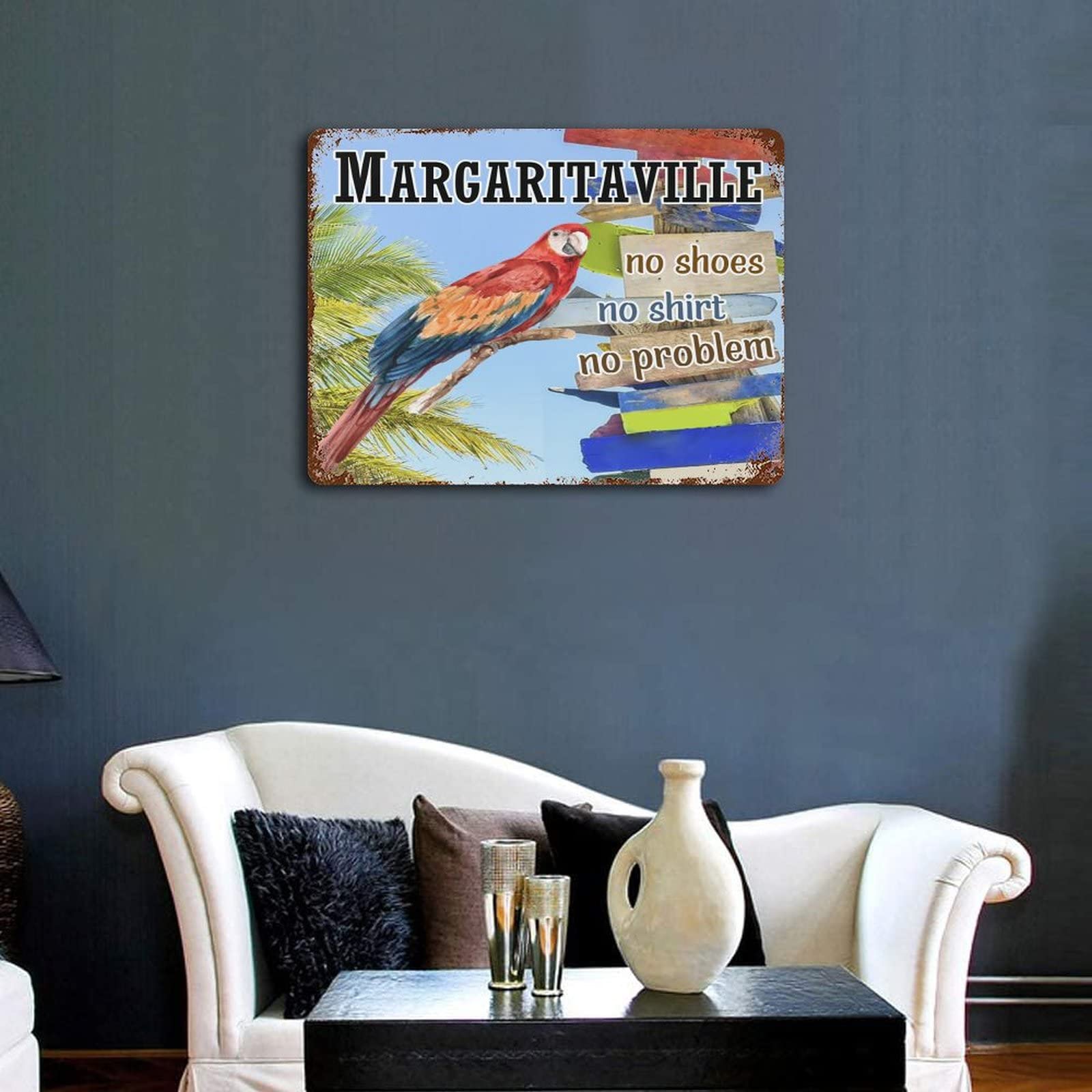 No Shoes No Shirt No Problem Parrot & Turtle Leaf Metal Sign - 16x12 Inch Rustic Aluminum Wall Decor for Bar, Cafe, Beach House & Outdoor Use
