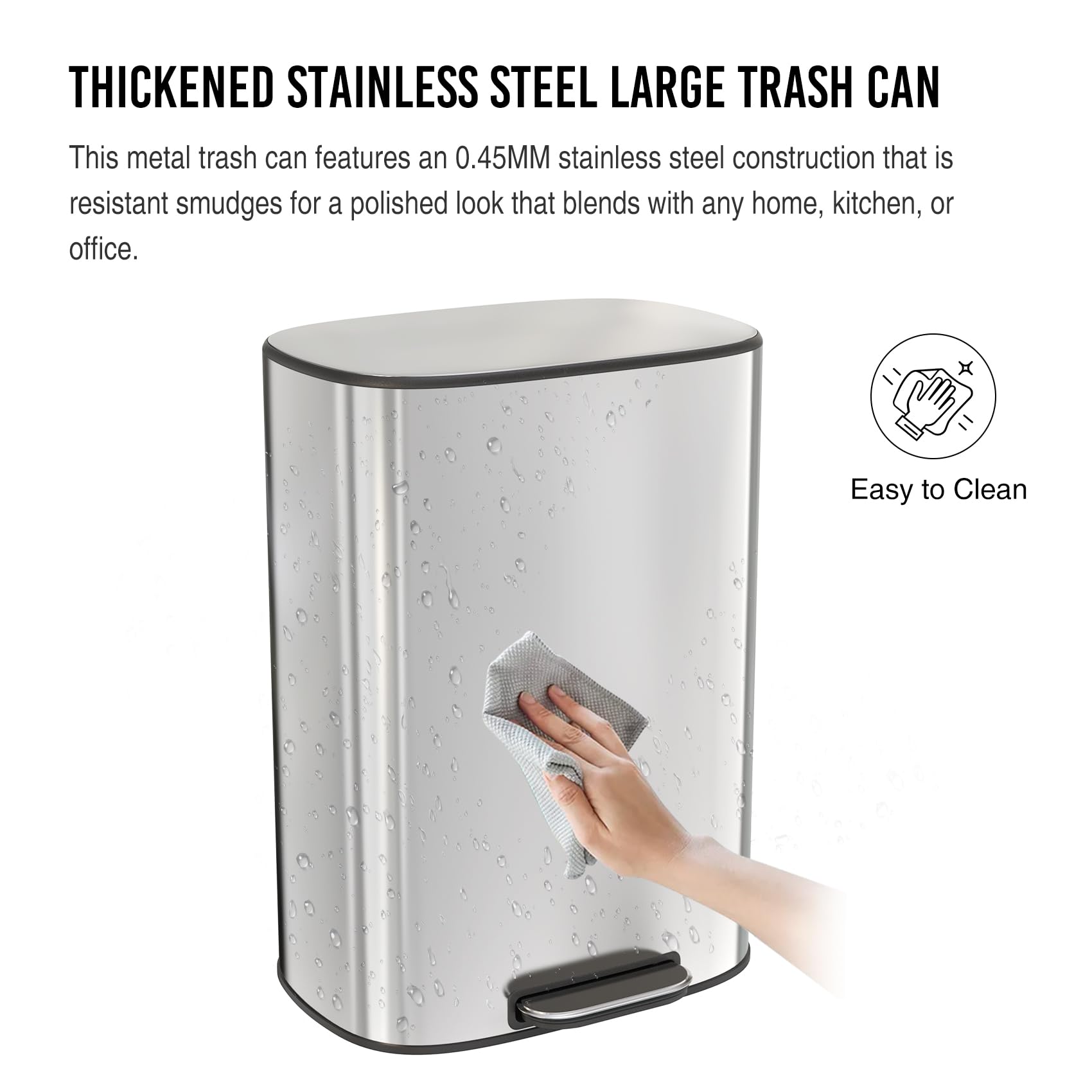 13 Gallon Stainless Steel Foot Pedal Trash Can with Soft Close Quiet Lid, Heavy Duty Oval Garbage Bin with 30 Bags - Perfect for Kitchen, Office, Bathroom & Commercial Use (Silver)